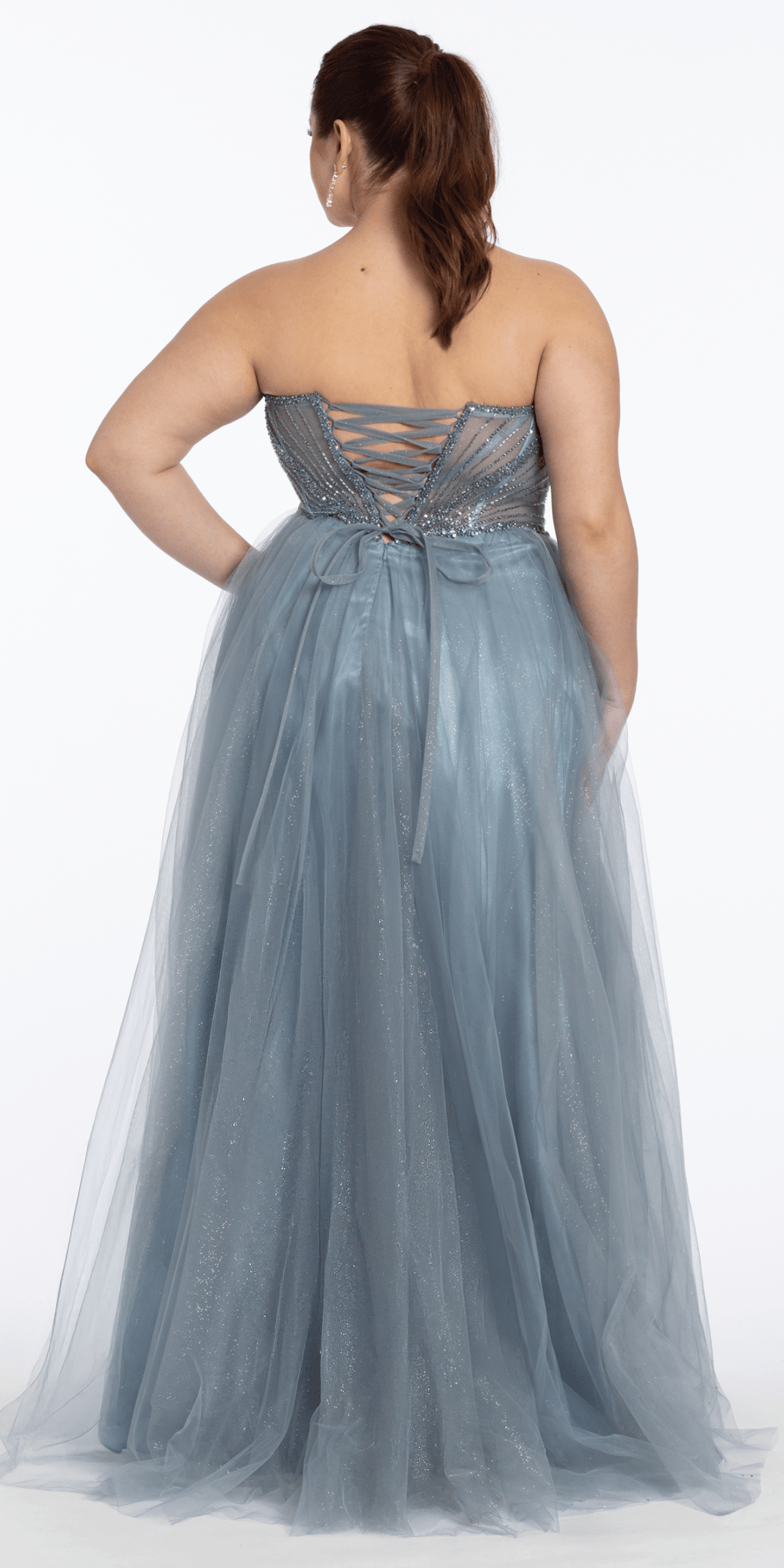 Strapless Pointed Beaded Corset Glitter Tulle Ballgown - Camille La Vie