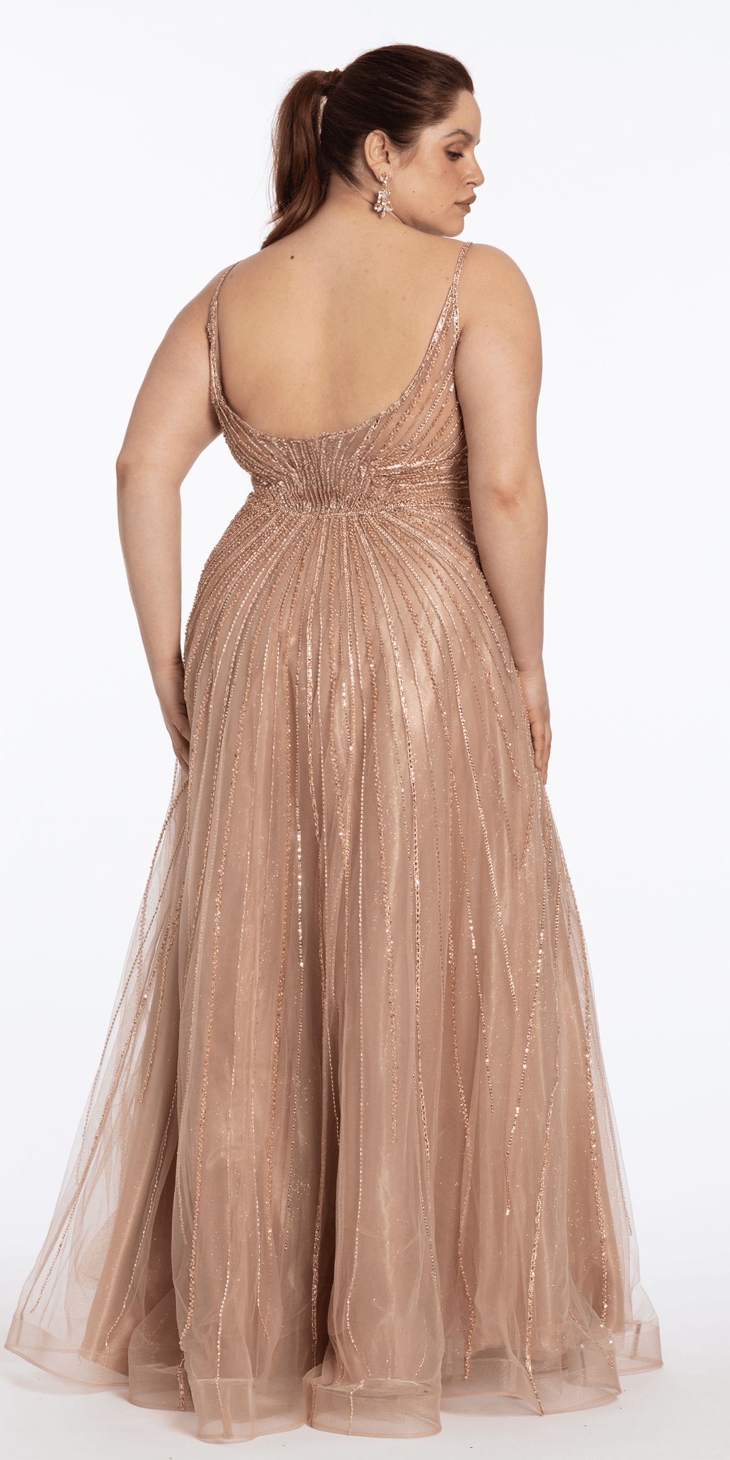 mocha/size/14/plus/Camille La Vie/Deep V Neck Mesh Linear Beaded A-Line Dress/back