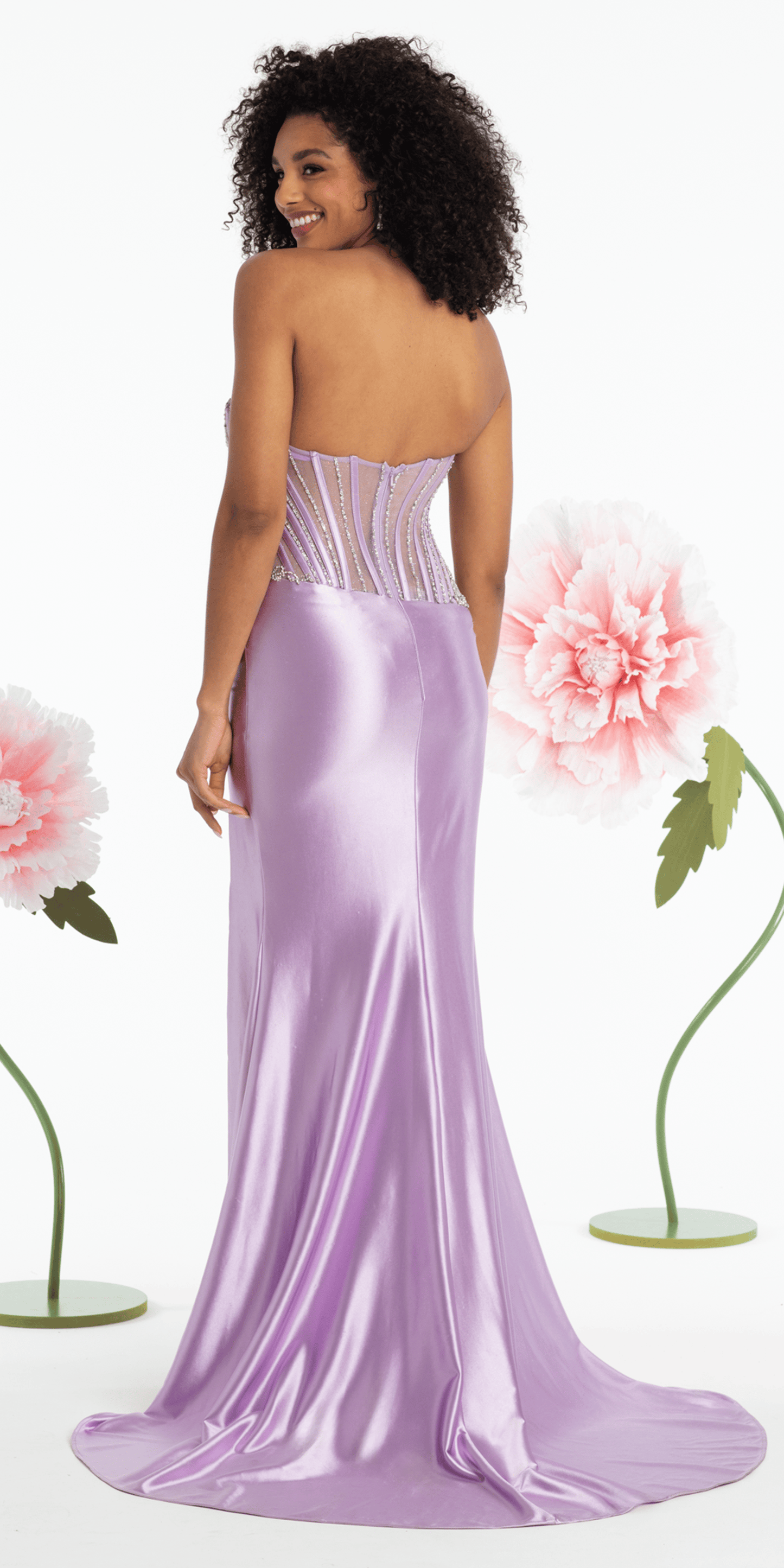Strapless Satin Rhinestone Corset Column Dress - Camille La Vie