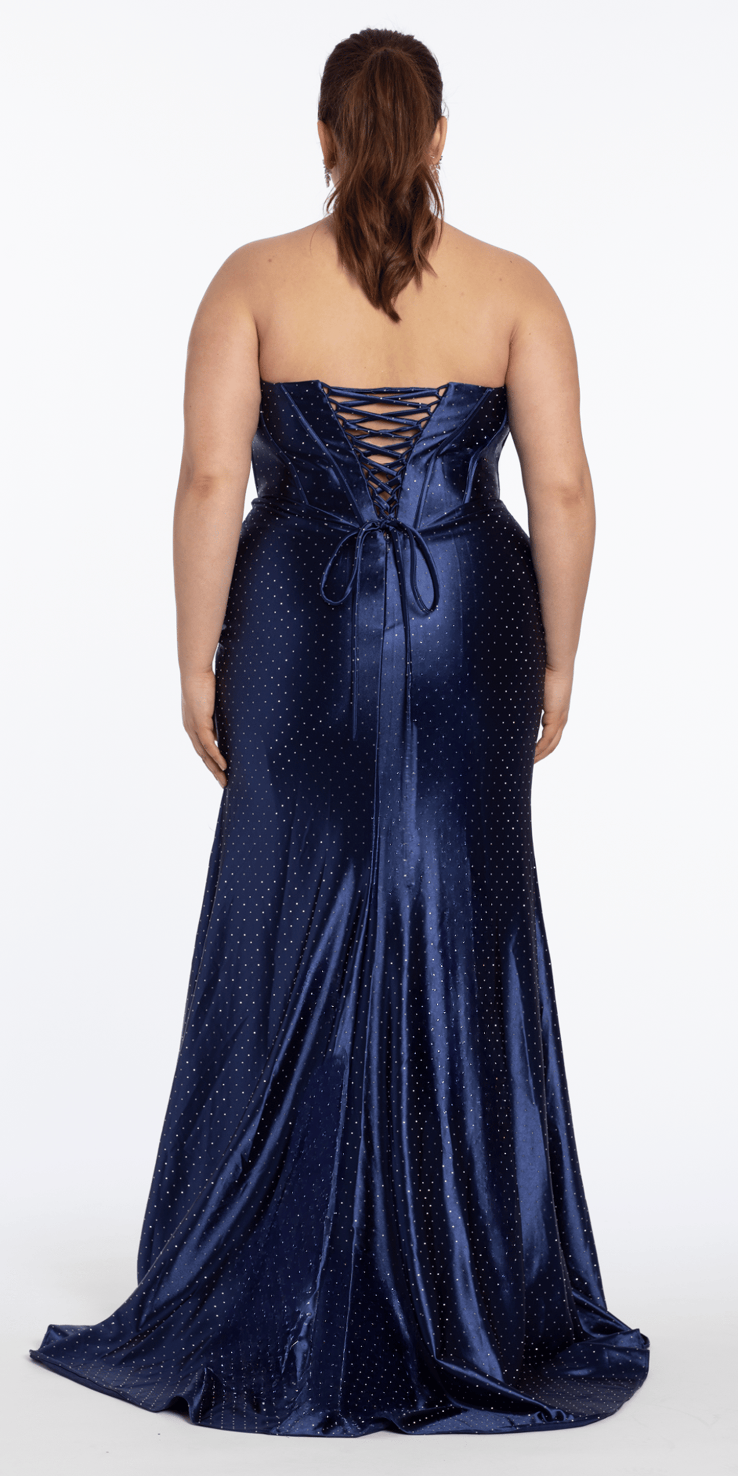 Pointed Rhinestone Satin Strapless Corset Column Dress - Camille La Vie