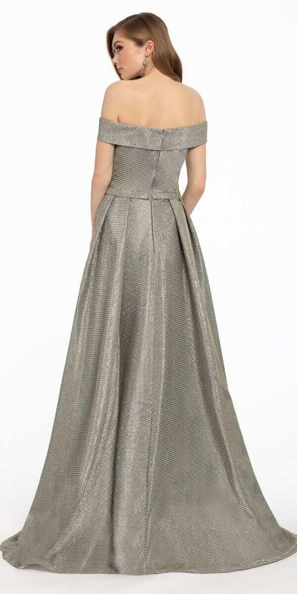light-gold/size/4/missy/Camille La Vie/Off the Shoulder Metallic Shimmer Dress/back