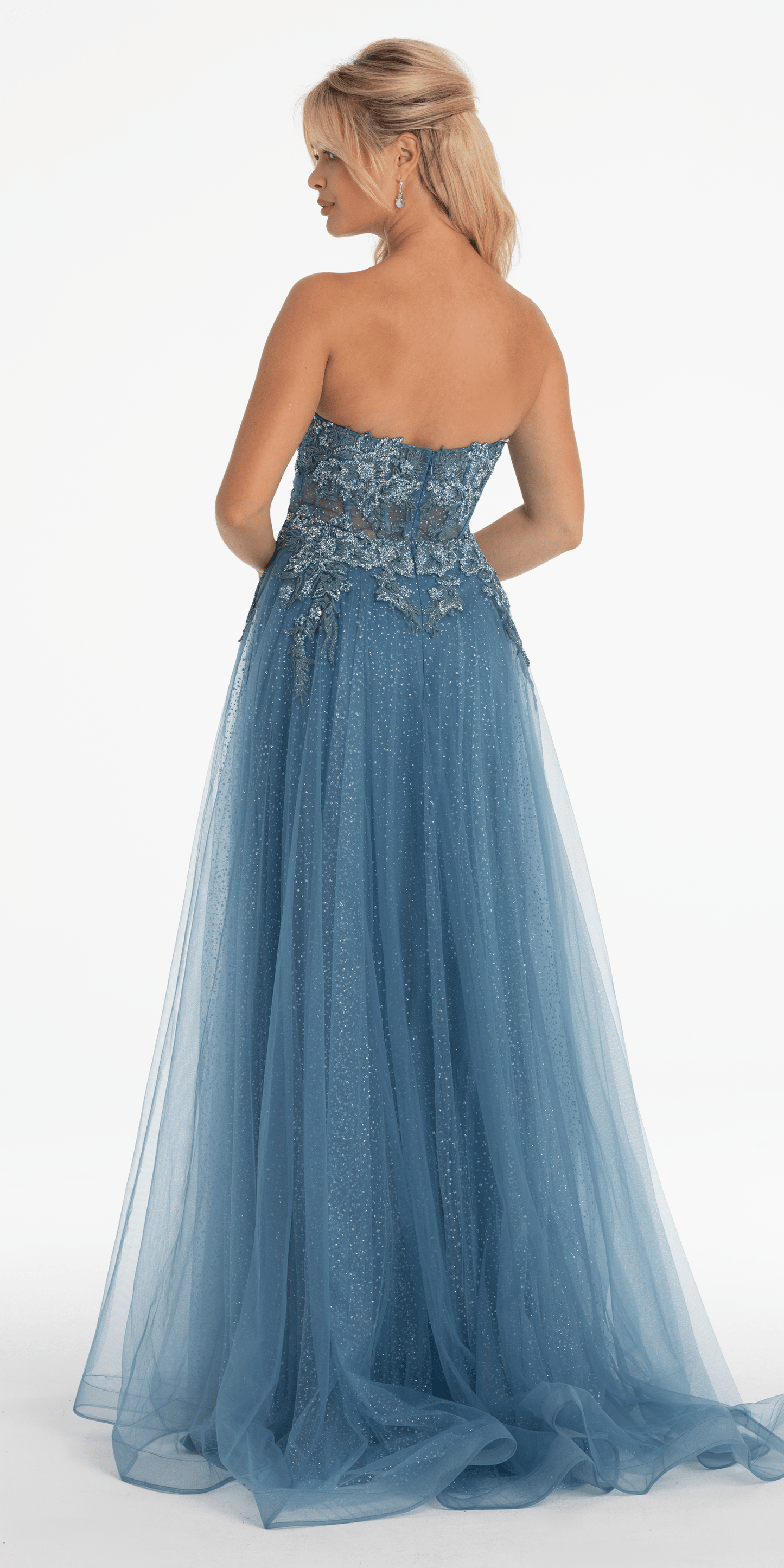 Strapless Glitter Embroidered Sweetheart Puff Sleeve Ballgown - Camille La Vie