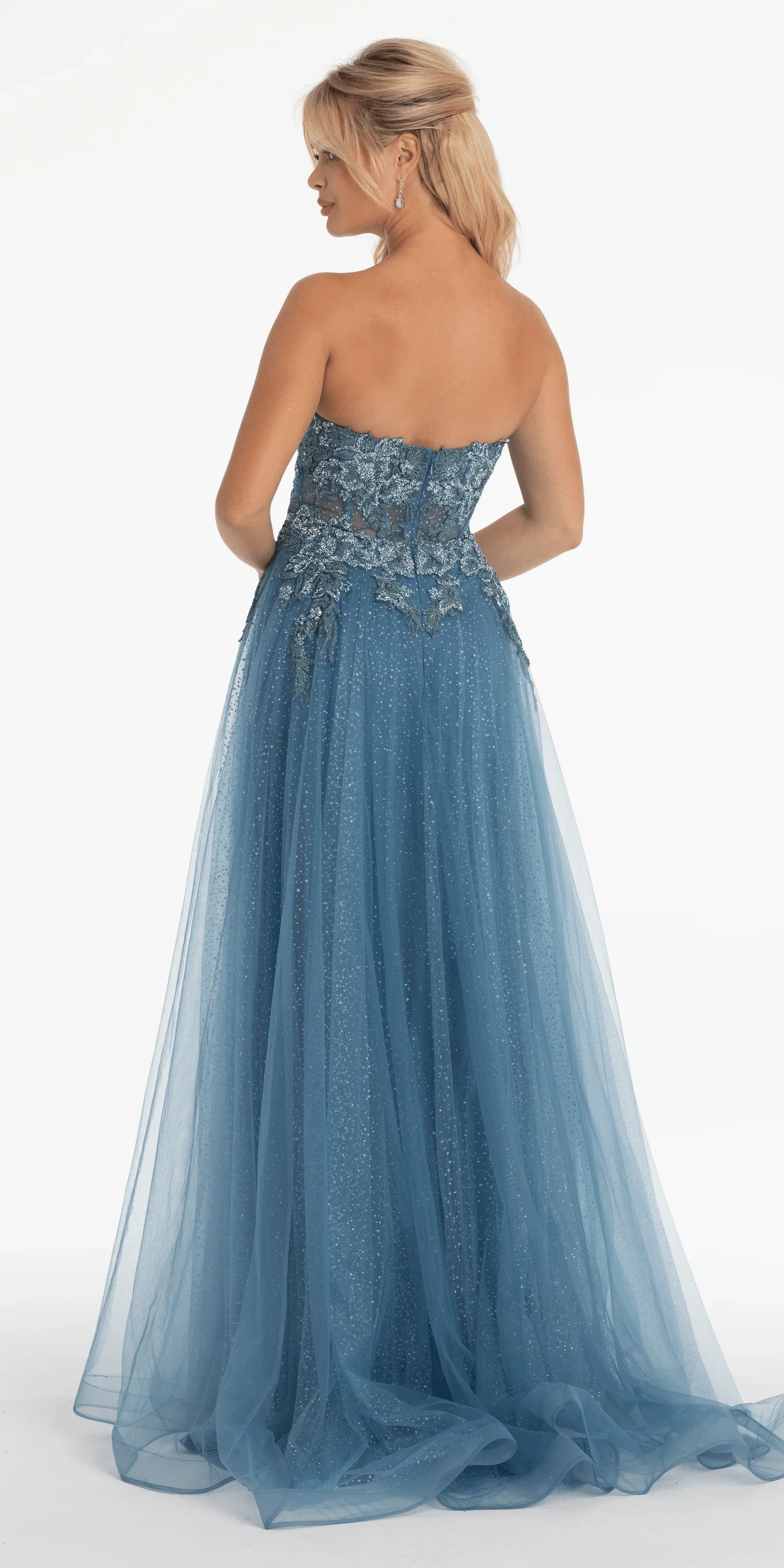 denim-blue/size/4/missy/Camille La Vie/Strapless Glitter Embroidered Sweetheart Puff Sleeve Ballgown/back