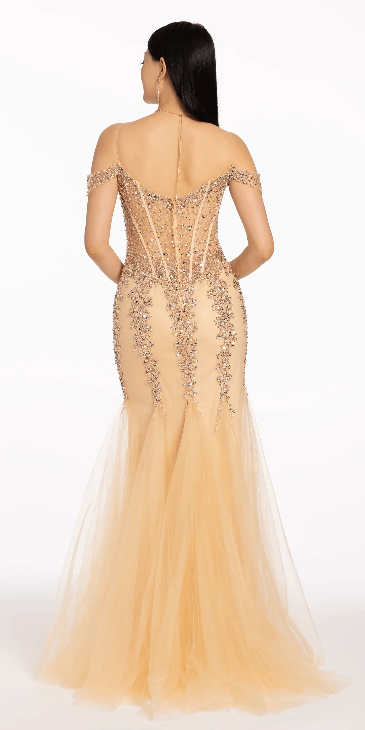gold/size/4/missy/Camille La Vie/Illusion Corset Off the Shoulder Godet Dress/back