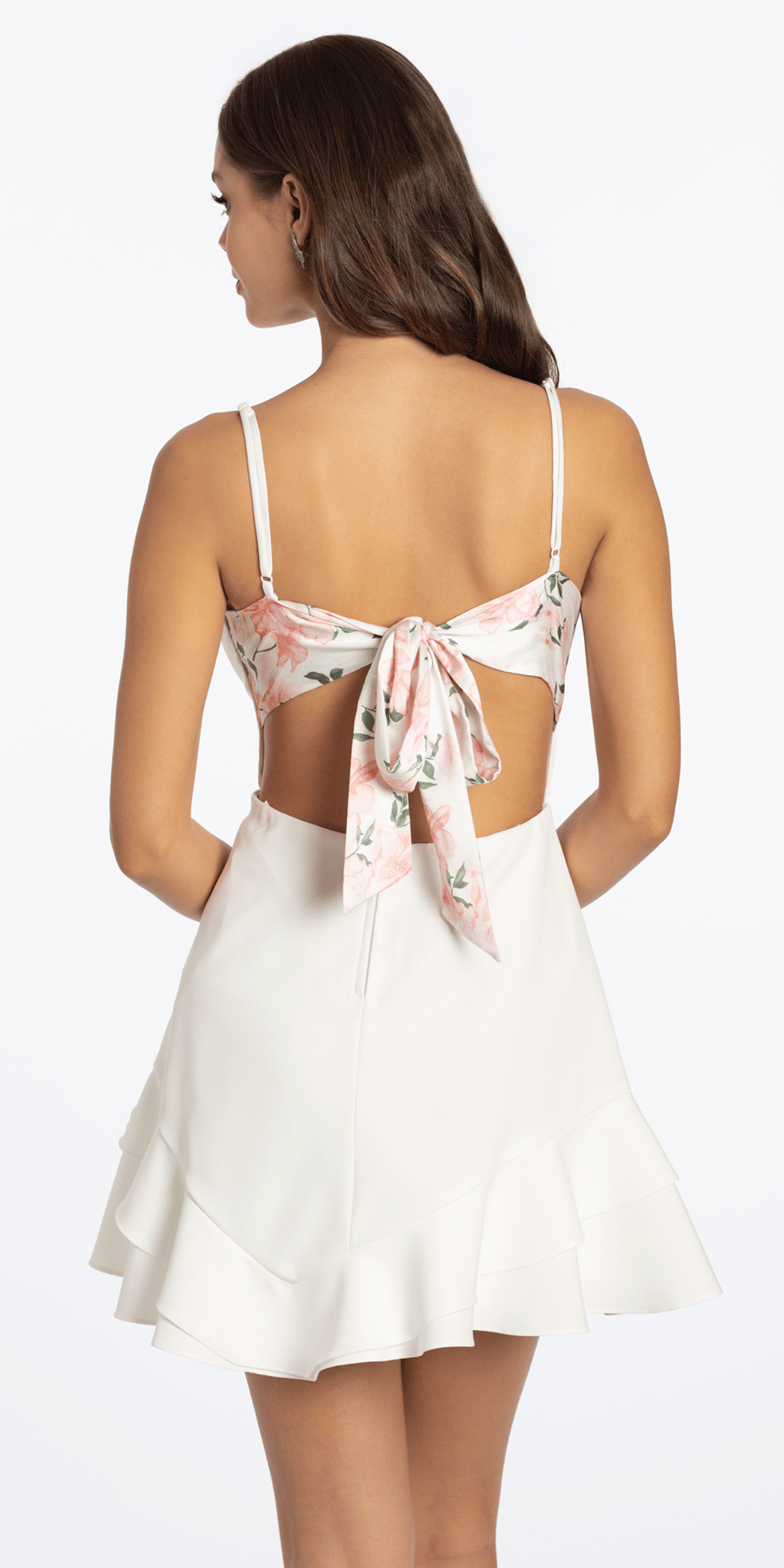 ivory/size/s/ missy/Camille La Vie/Satin Tie Back Crepe Dress with Asymmetrical Tiered Hem Dress/back