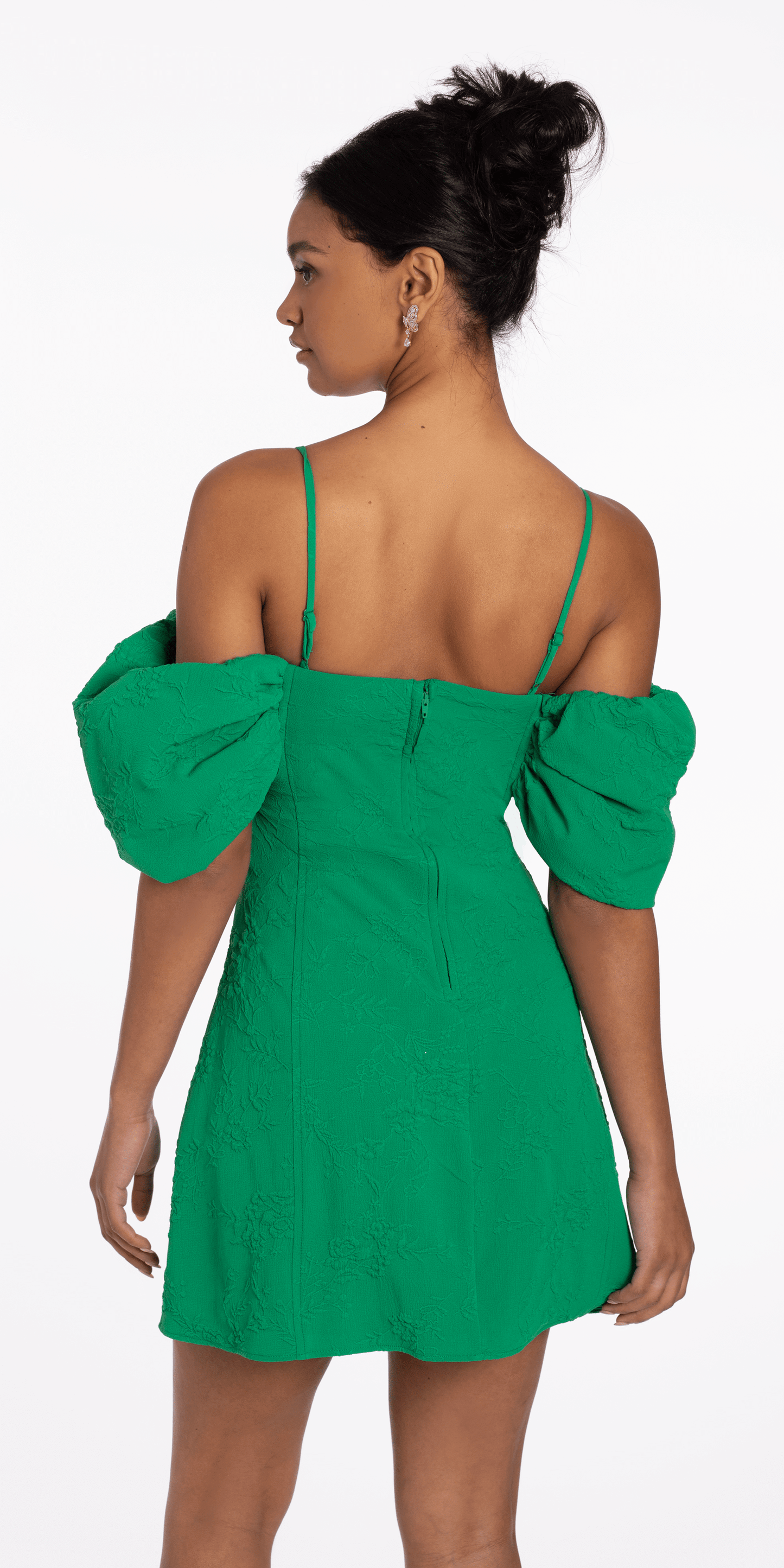 Knit Jacquard Plunge Puff Sleeve Fit and Flare Dress - Camille La Vie