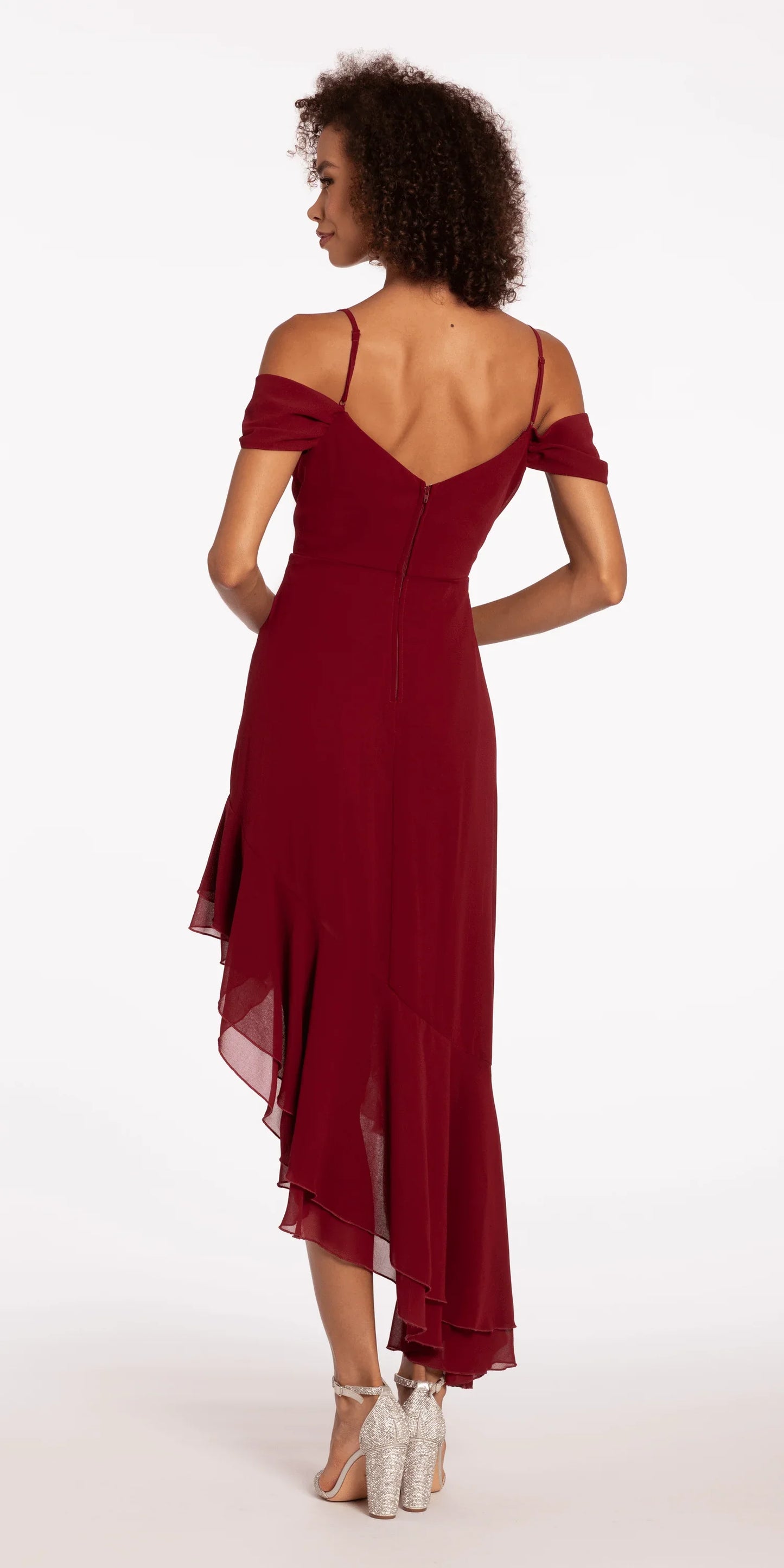 dark-red/size/s/missy/Camille La Vie/Chiffon Off the Shoulder Drape High Low Dress with Ruffle Hem /back