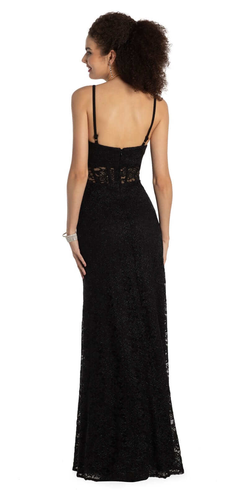 Glitter Lace Scallop V Neck Corset Column Dress - Camille La Vie