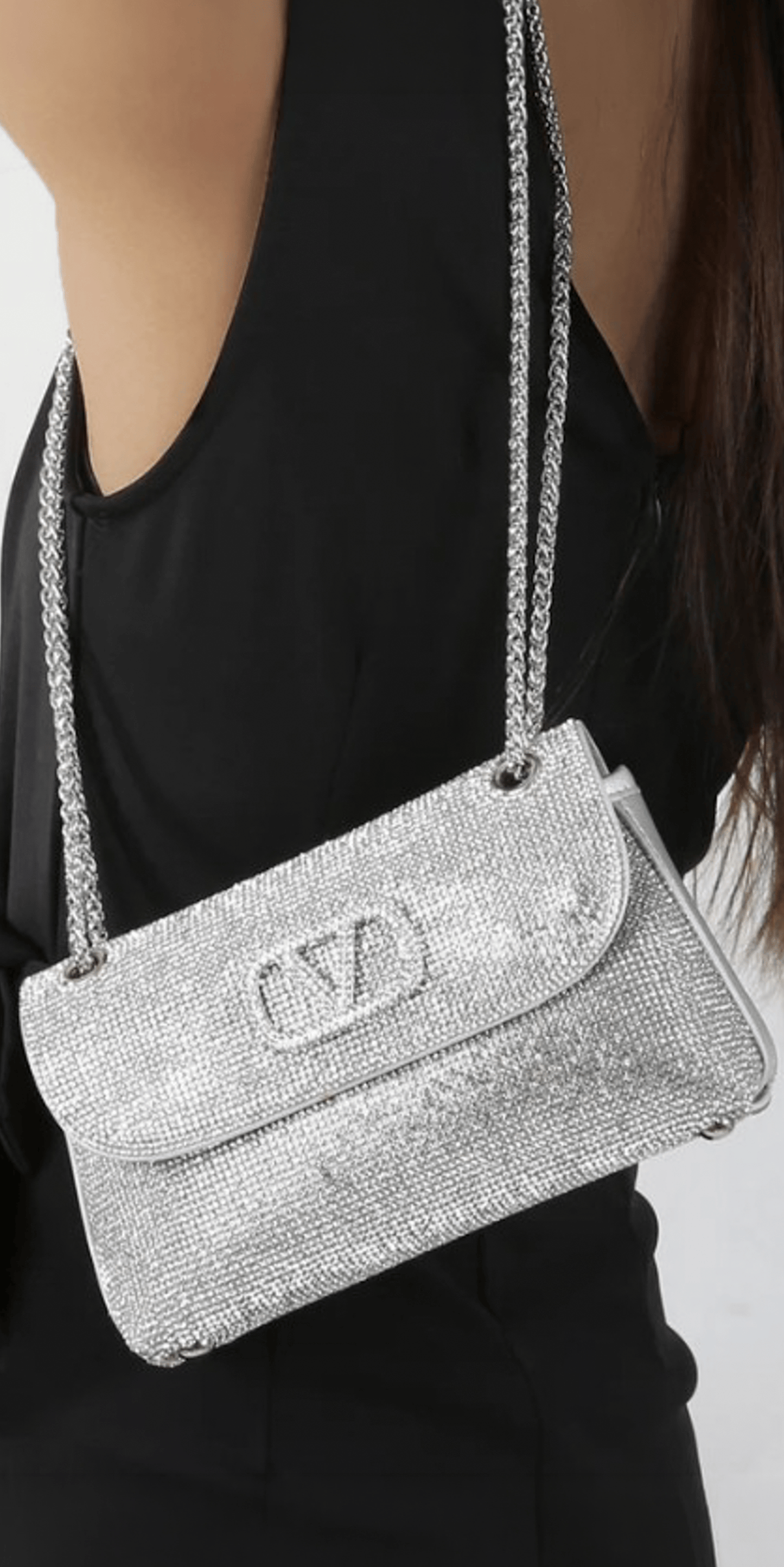 silver/no size/Camille La Vie/Rhinestone-1/2 Flap Handbag with Chain Link Strap/model