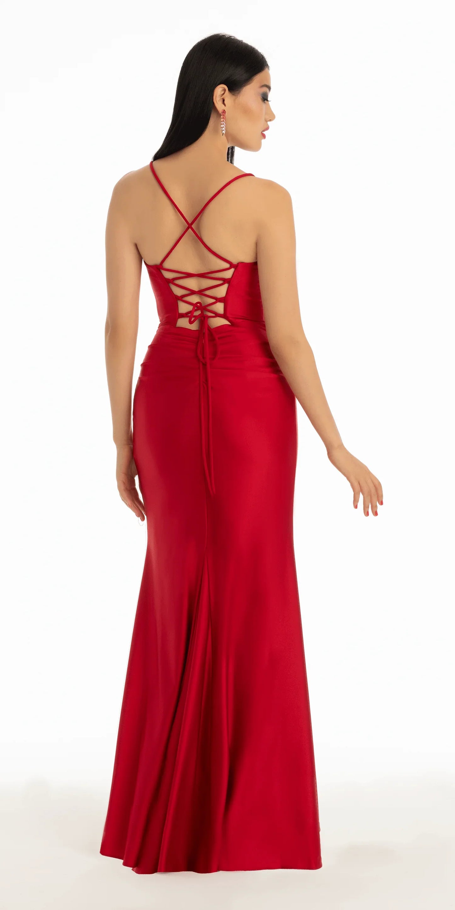 red/size/4/missy/Camille La Vie/Stretch Satin Lace Up Back Dress with Train /back