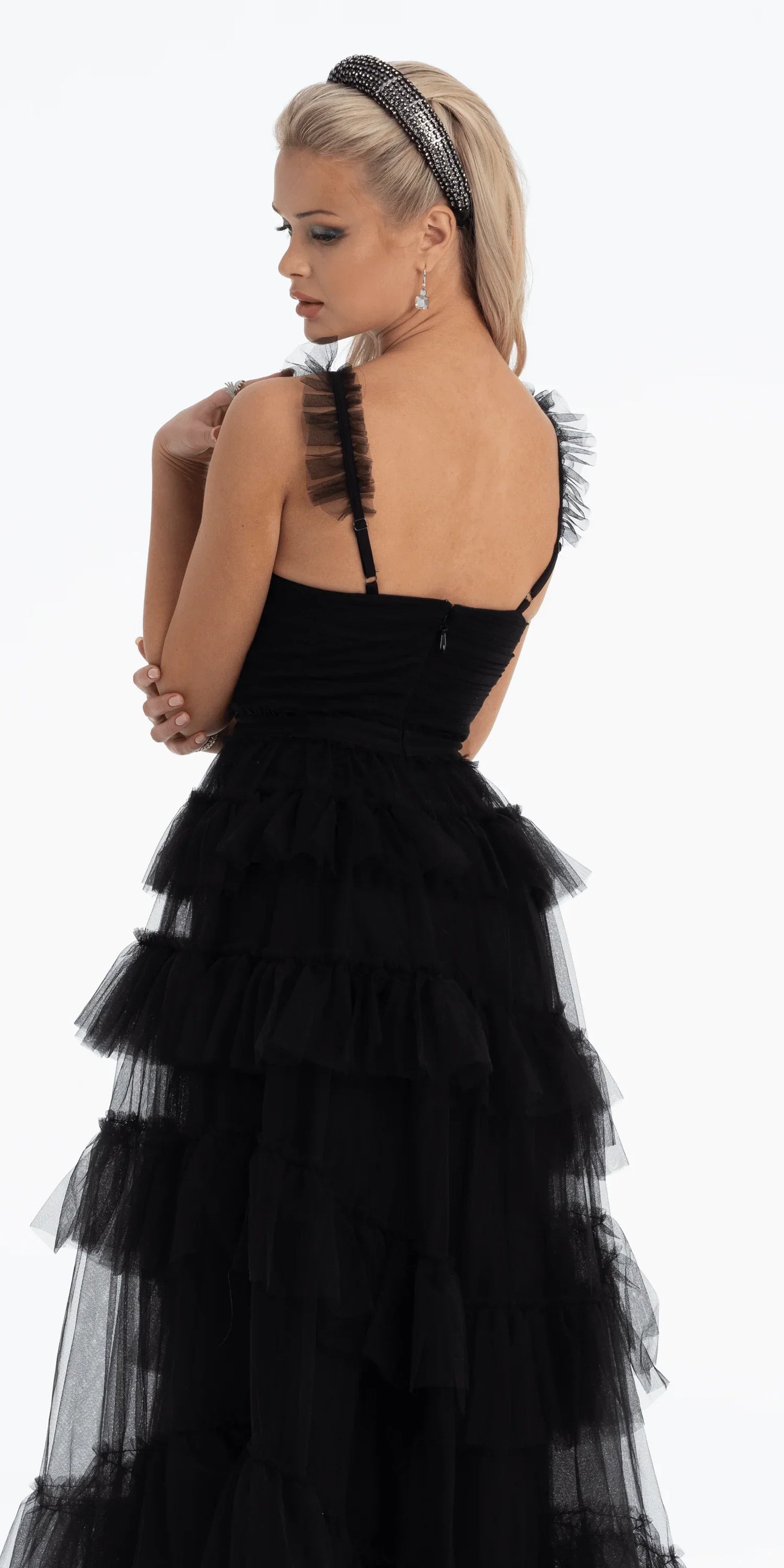black/size/4/ missy/Camille La Vie/Multi Tiered Tulle Ballgown with Satin Waist Accent/back close up