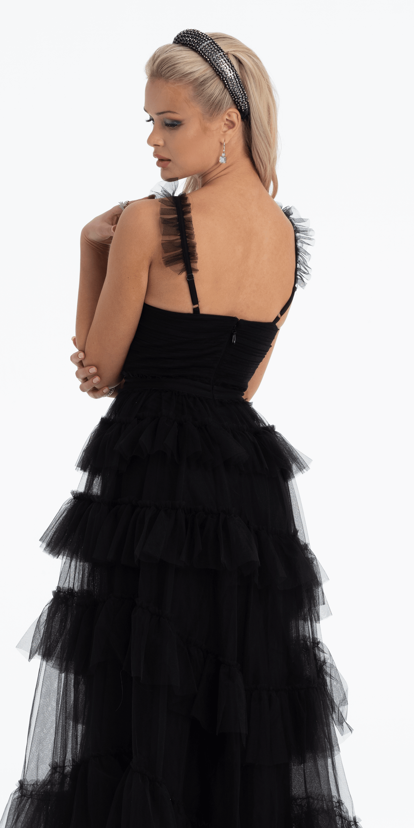 Multi Tiered Tulle Ballgown with Satin Waist Accent - Camille La Vie