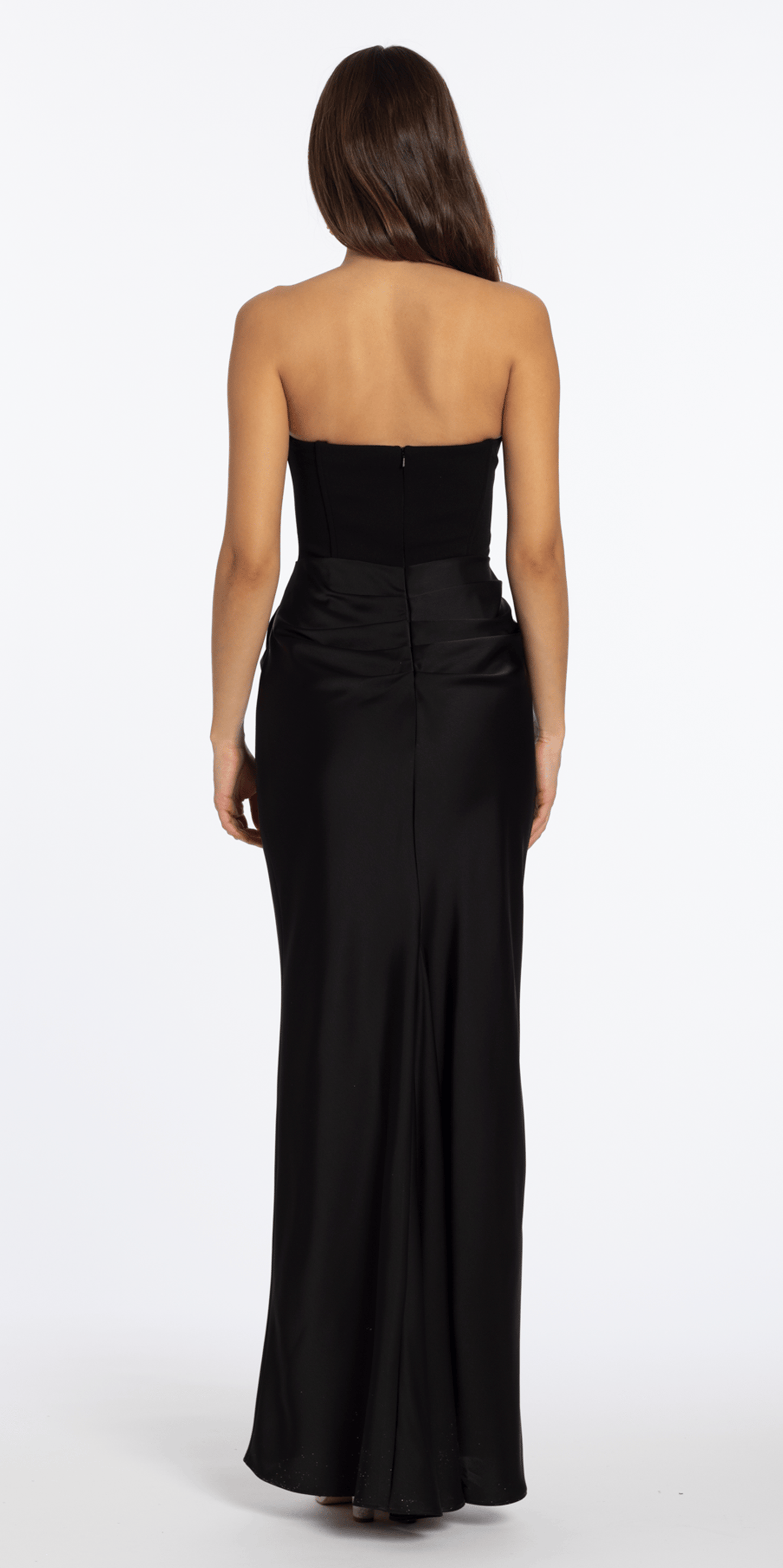 Pointed Strapless Scuba Corset Column Satin Dress - Camille La Vie