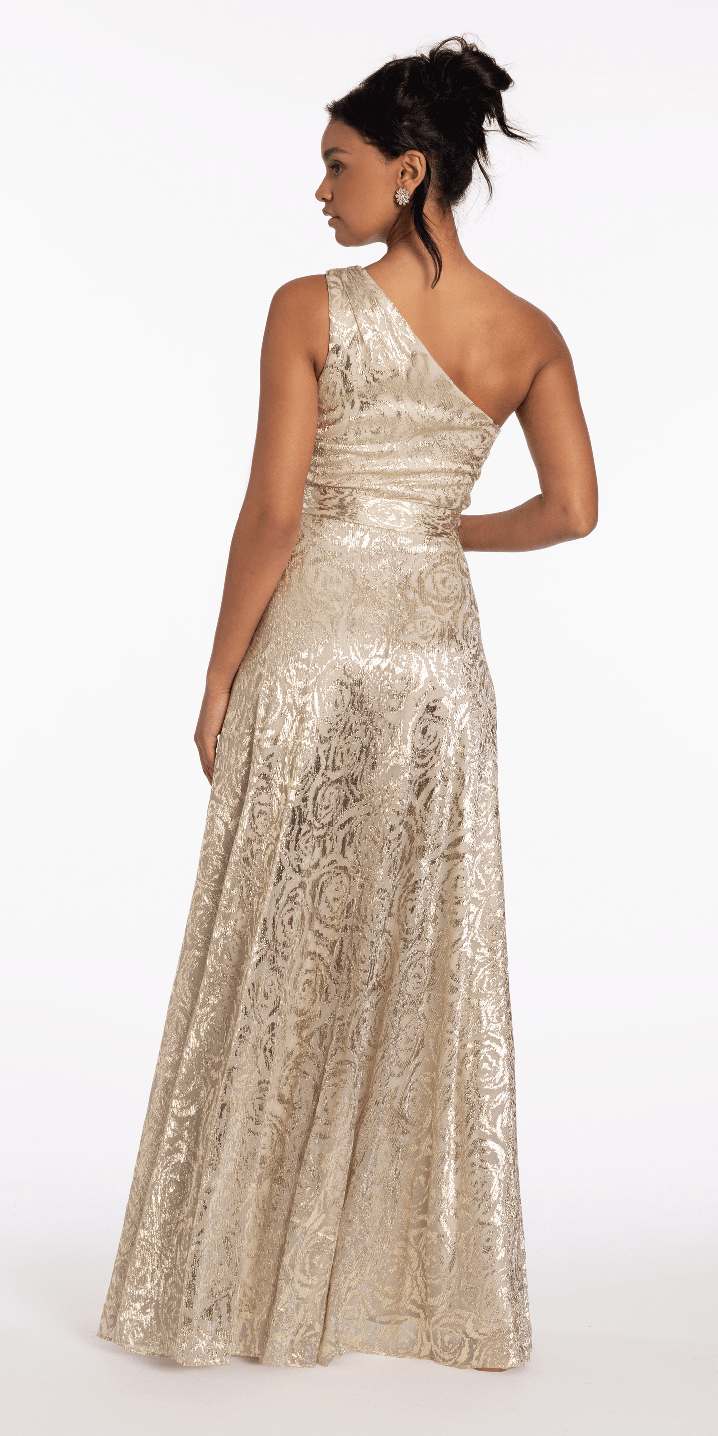 Foil Jacquard One Shoulder A Line Dress with Keyhole - Camille La Vie