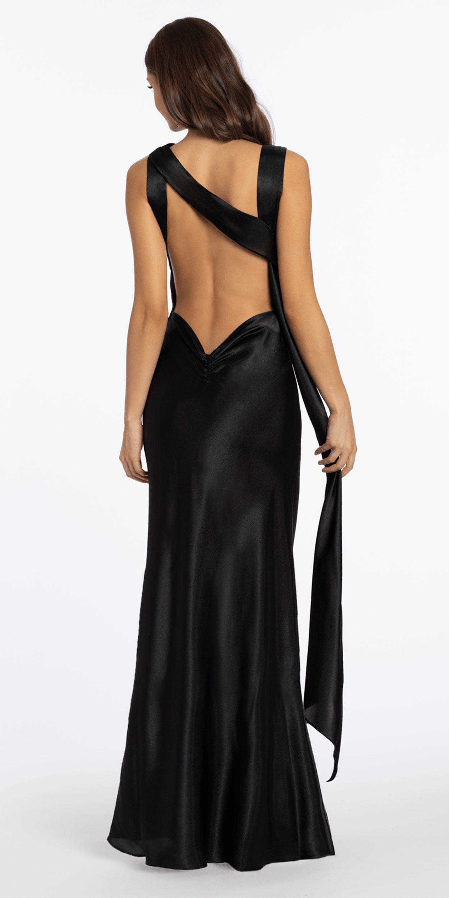 Satin Cowl Neck Open Back Column Dress - Camille La Vie