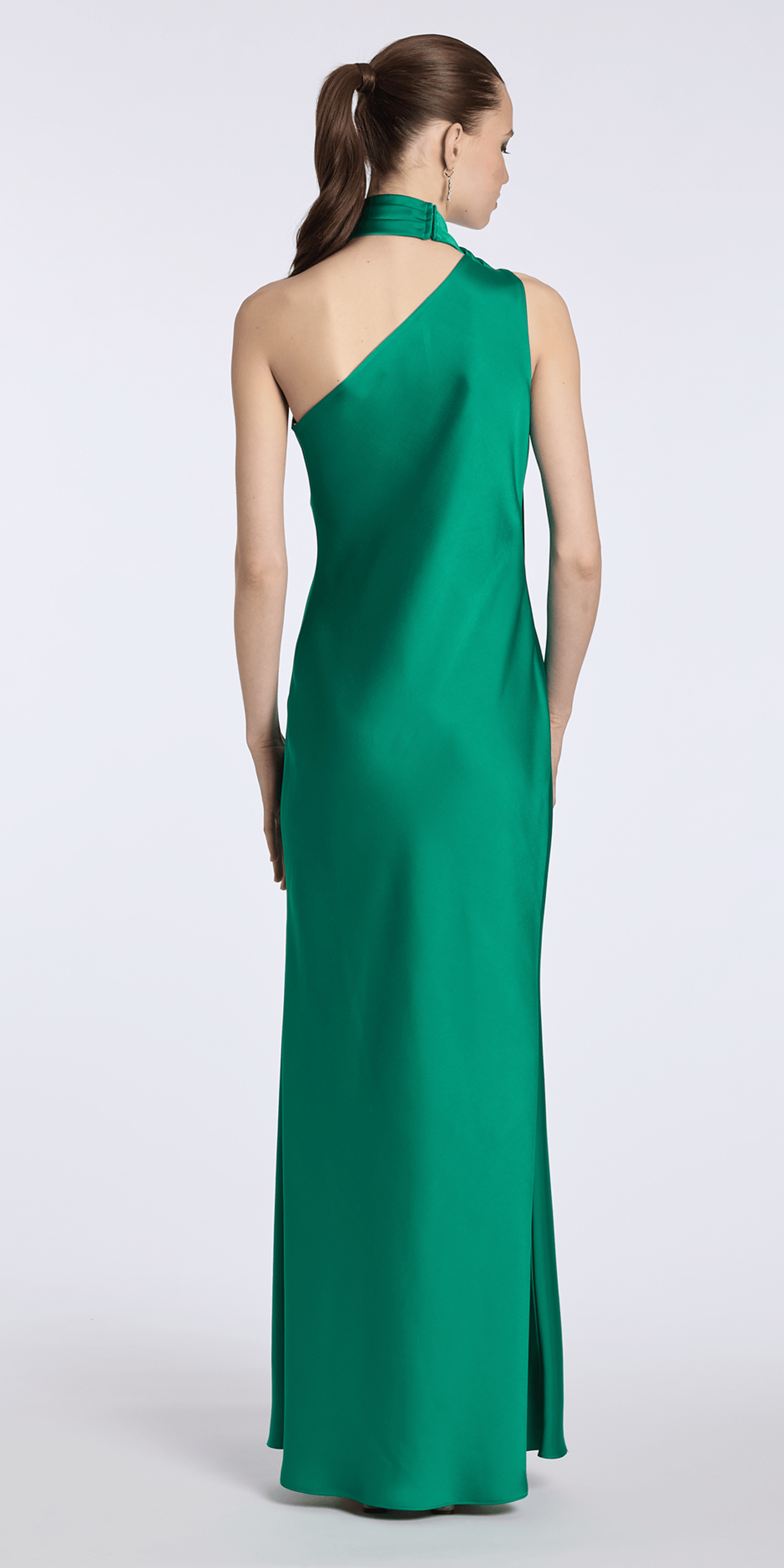 Camille La Vie Satin One Shoulder Column Dress with a Mock Wrap Scarf