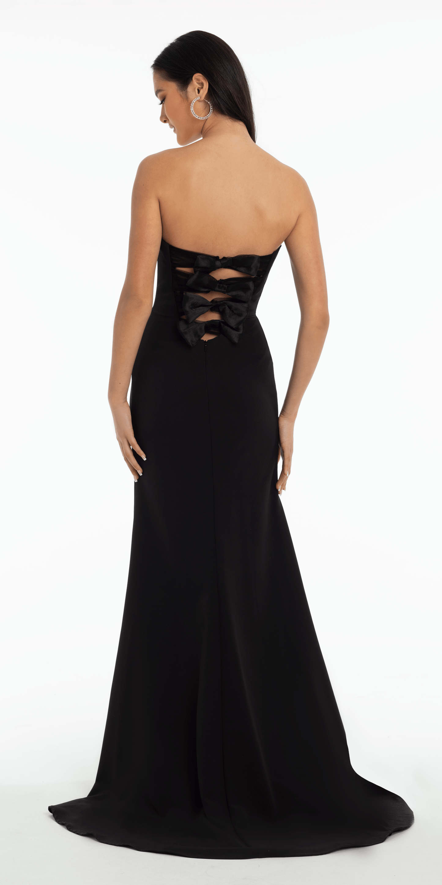 Strapless Crepe Trumpet Dress with Organza Bow Back and Shawl - Camille La Vie