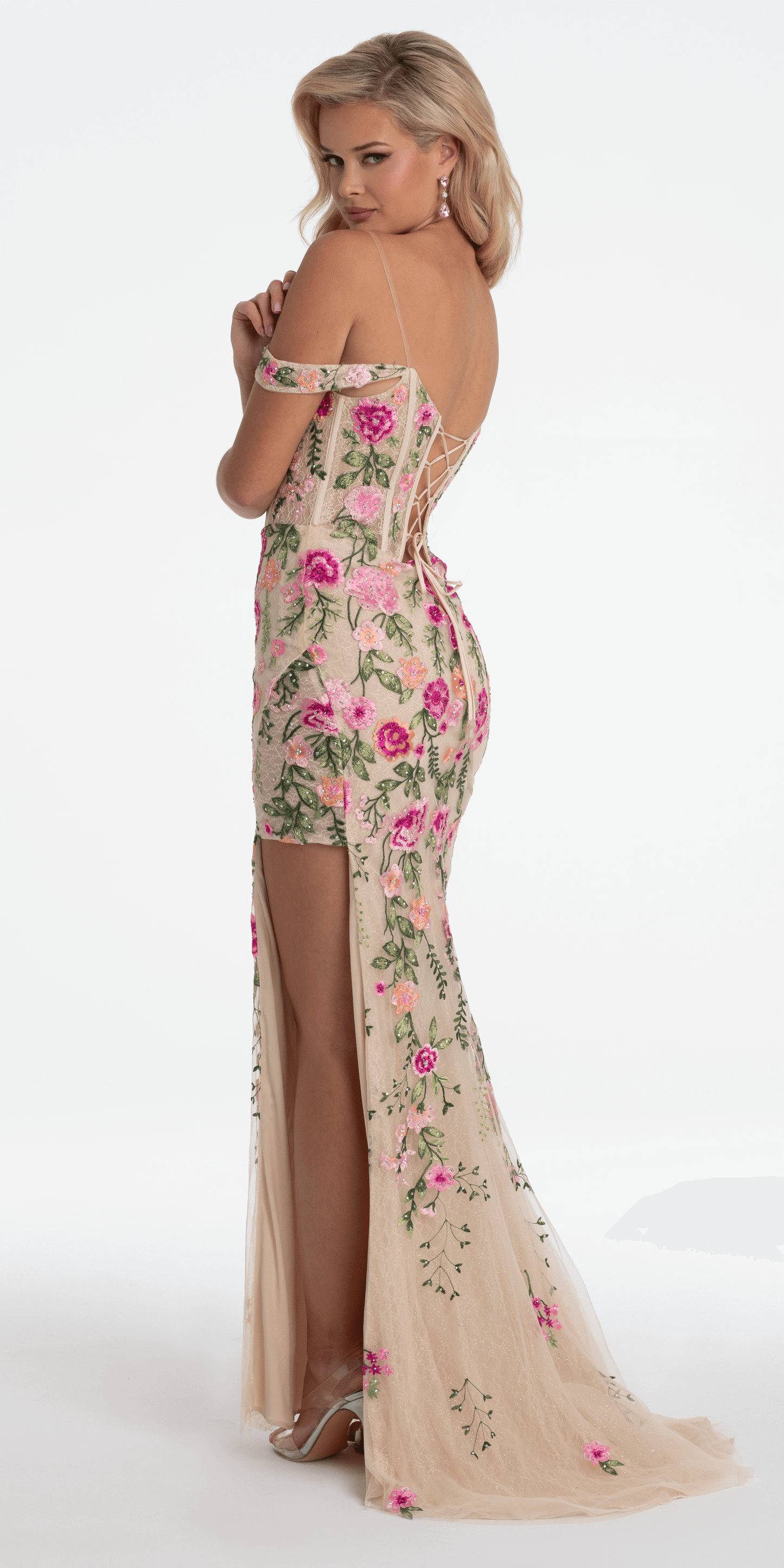 Off the Shoulder Floral Embroidered Column Dress - Camille La Vie