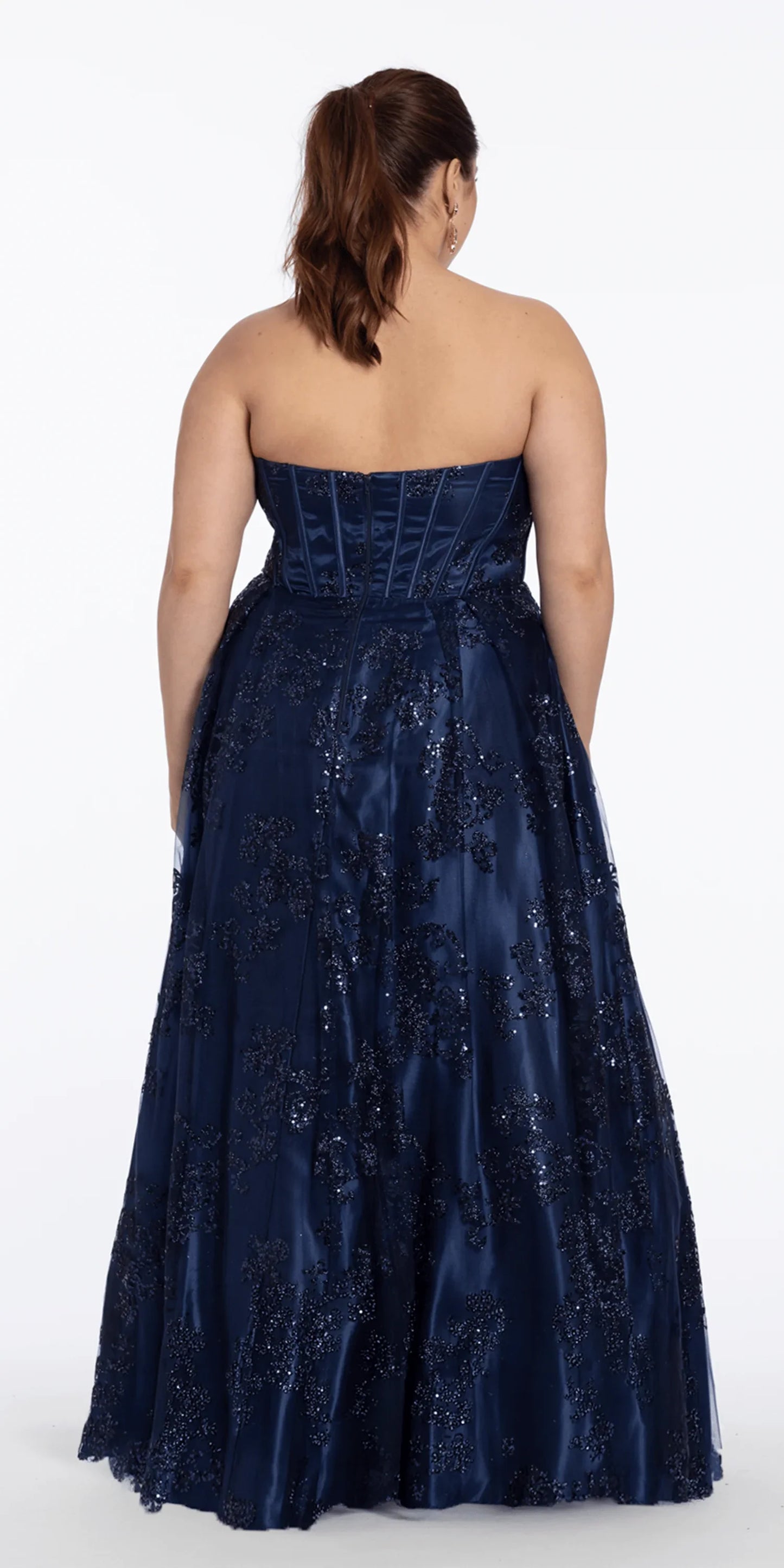 navy/size/14/plus/Camille La Vie/Strapless Glitter Mesh Corset Ballgown/back