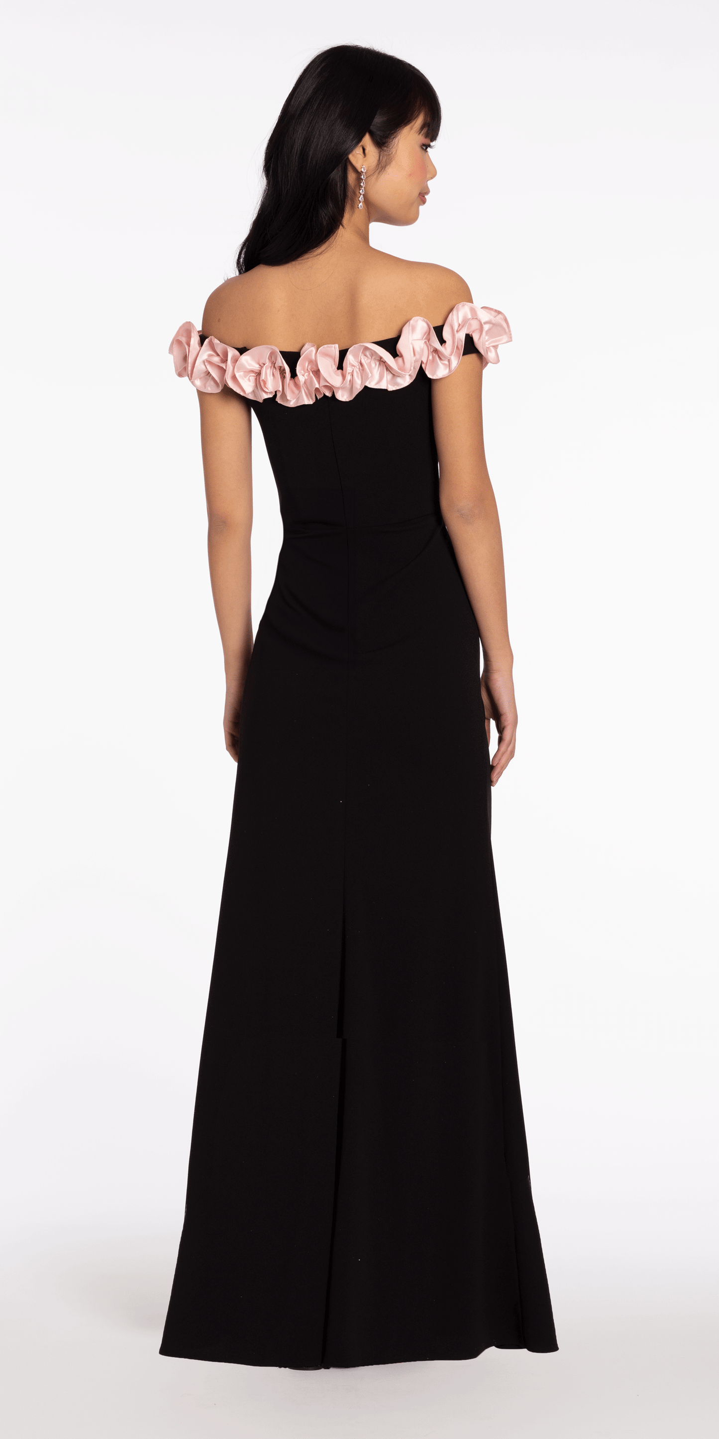 Crepe Off the Shoulder Column Dress with Ruffle Detail - Camille La Vie