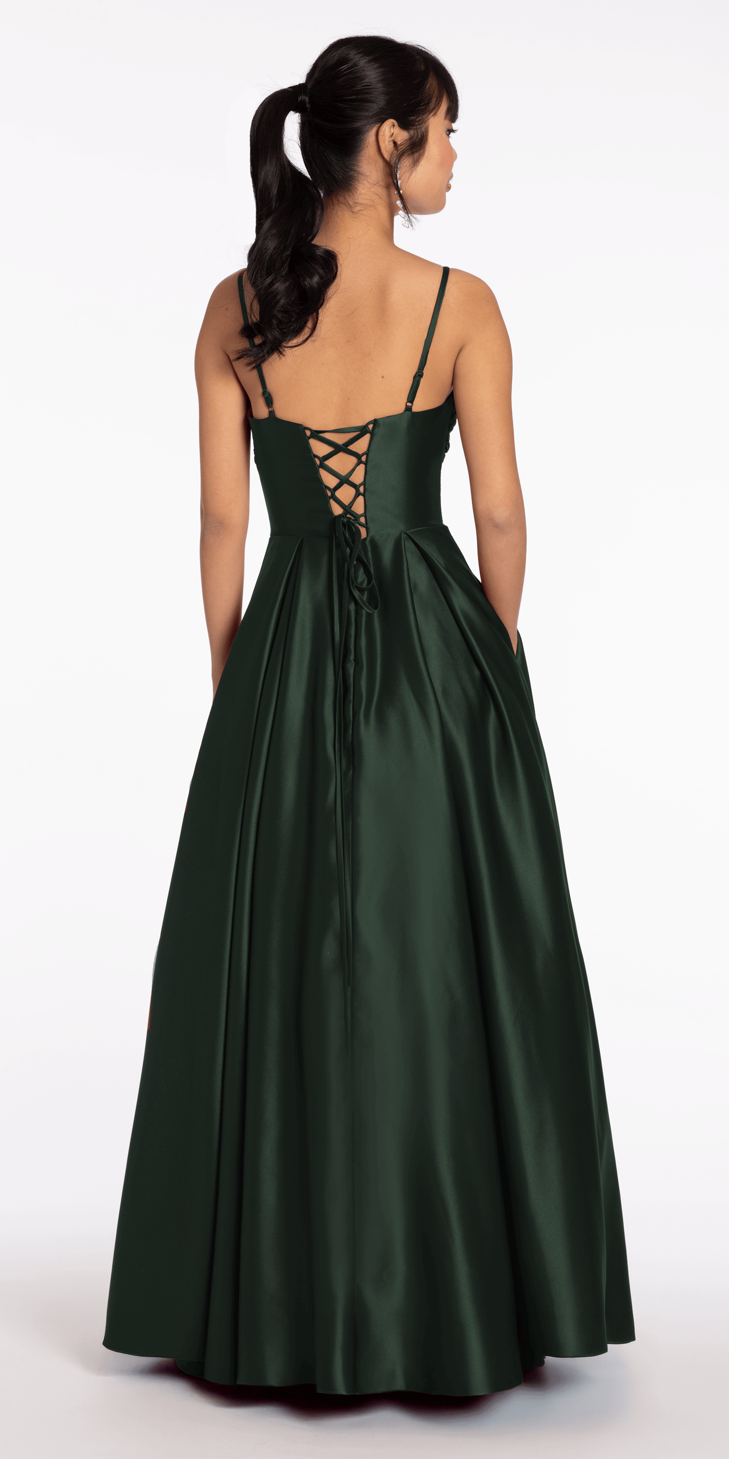 Sweetheart Pleated Satin Corset Ballgown with Pockets - Camille La Vie