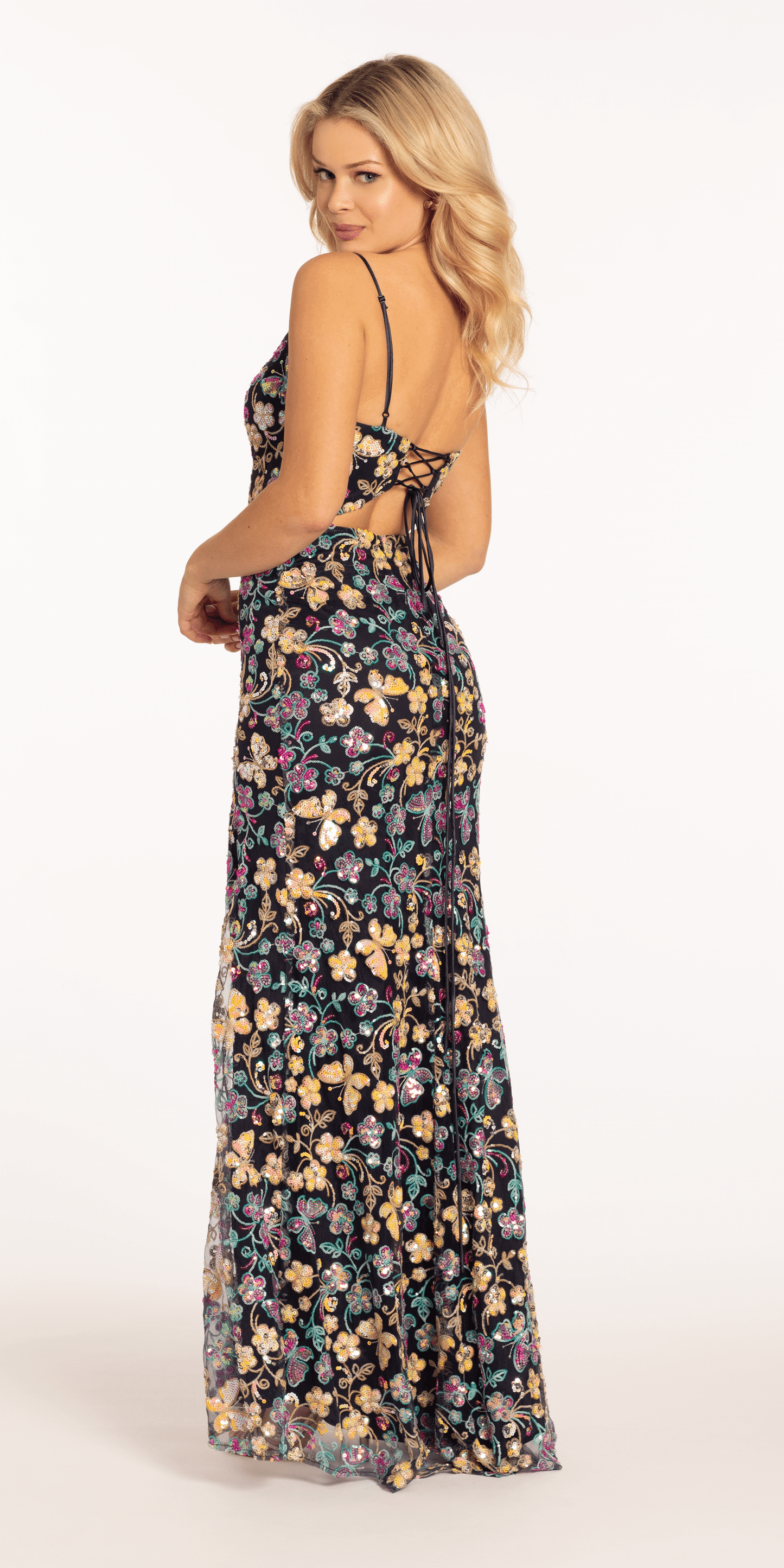 Sequin Floral Garden Plunging Mesh Column Dress - Camille La Vie