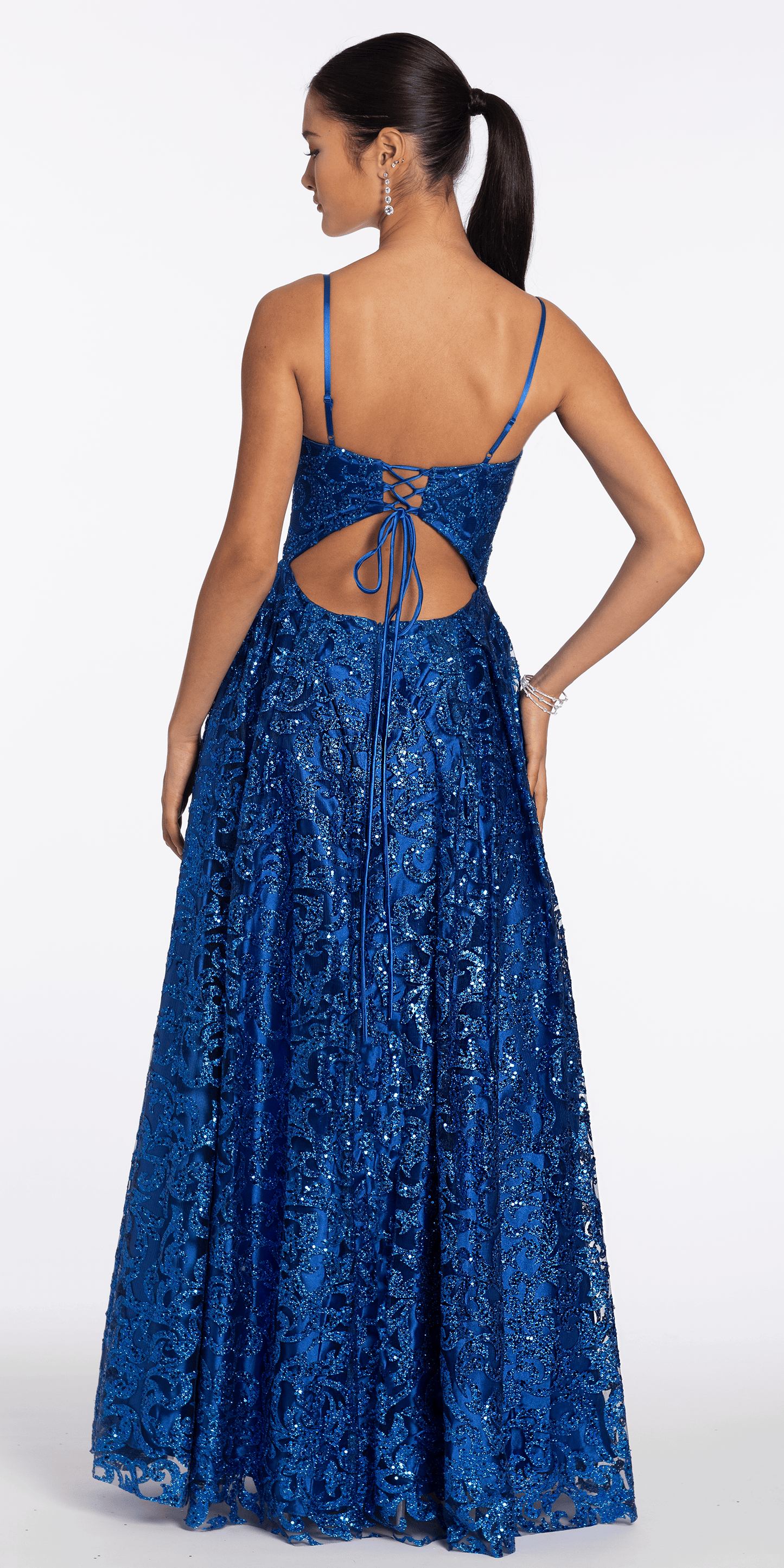 royal-blue/size/4/missy/Camille La Vie/Strappy Back Glitter Mesh Ballgown with Pocket/back