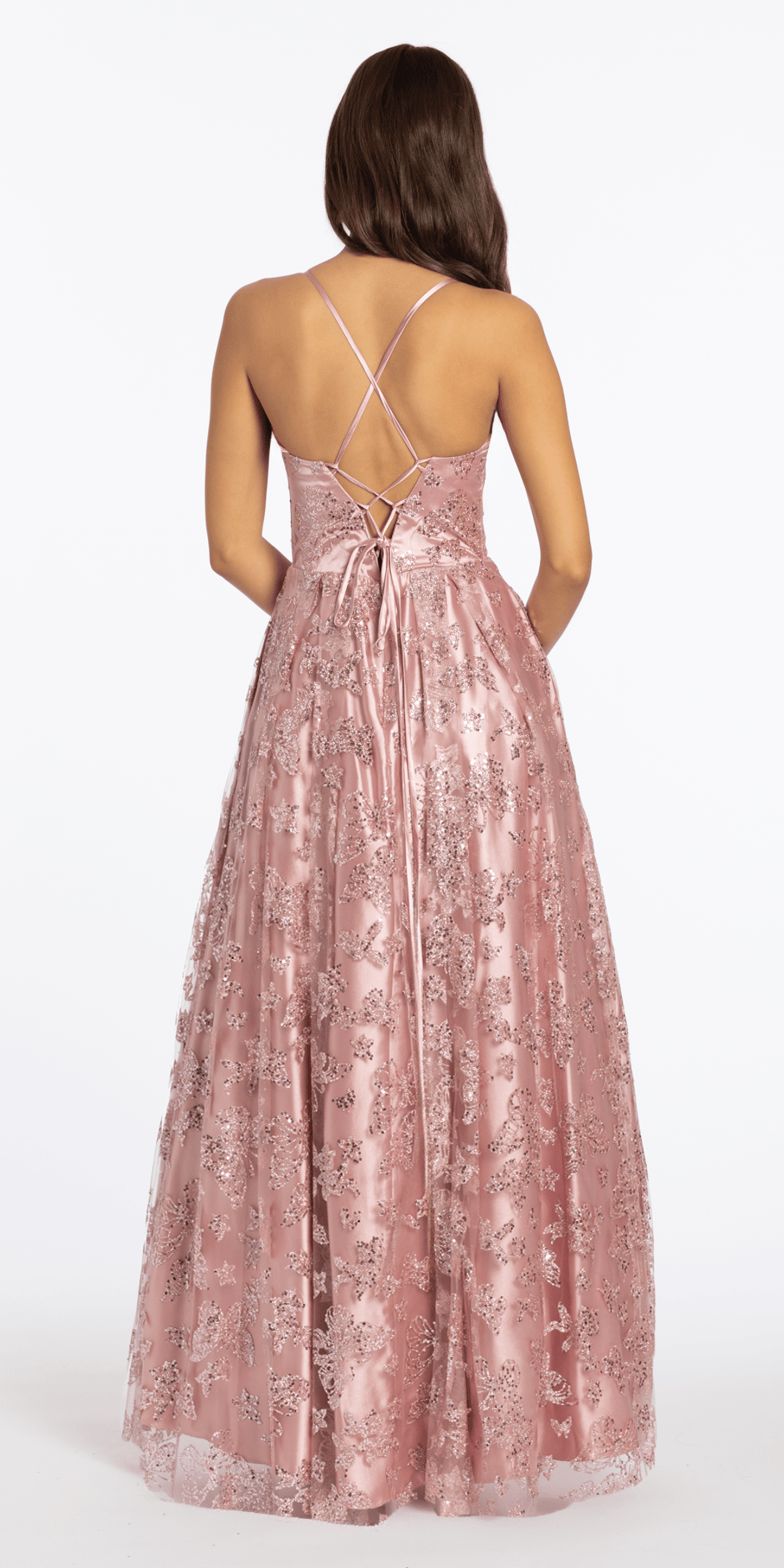 Glitter Butterfly Mesh Cowl Neck Corset Lace Up Back Ballgown - Camille La Vie
