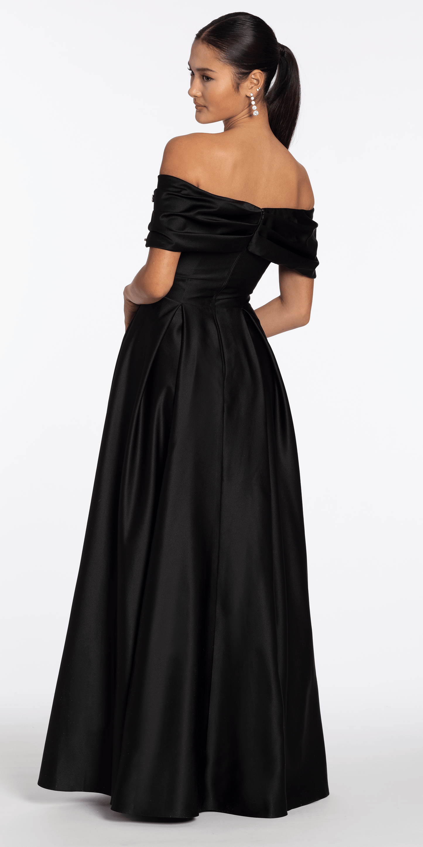 Satin Off the Shoulder Ballgown with Rhinestone Bow Detail - Camille La Vie
