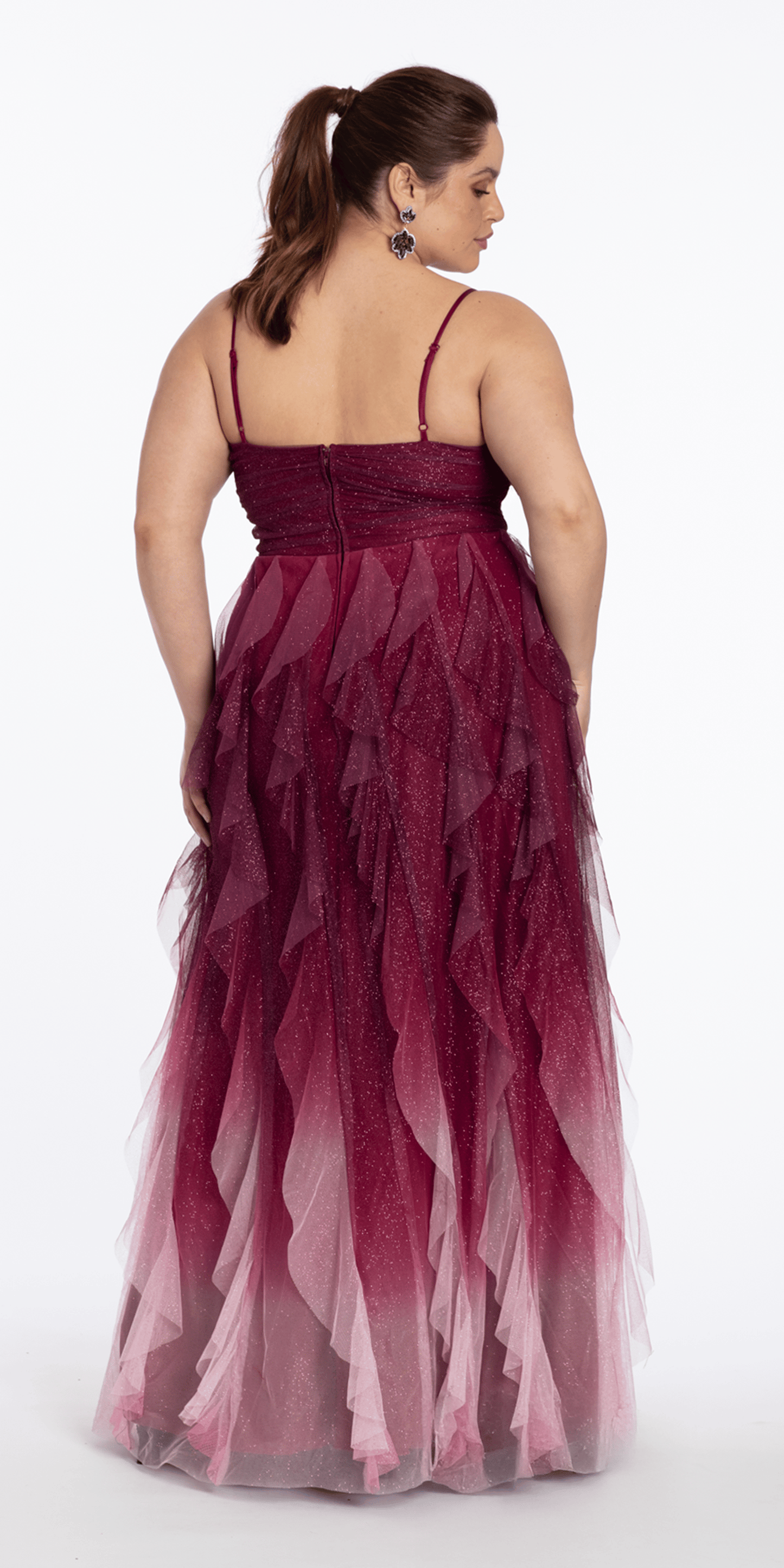 Ombre Glitter Mesh V Neck Ballgown with Tendrils - Camille La Vie