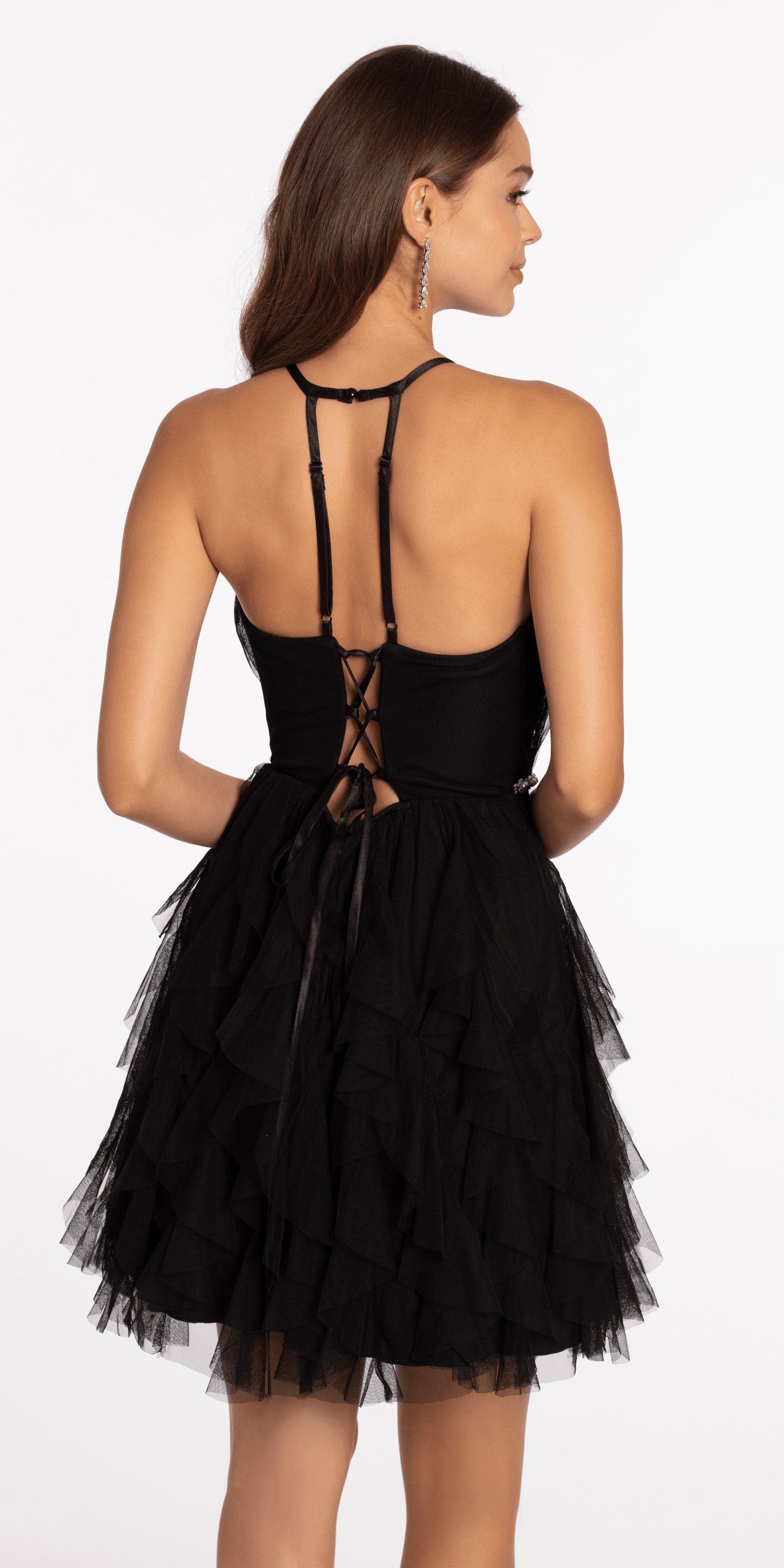 Mesh Plunge Fit and Flare Dress with Pearl Waist Detail - Camille La Vie