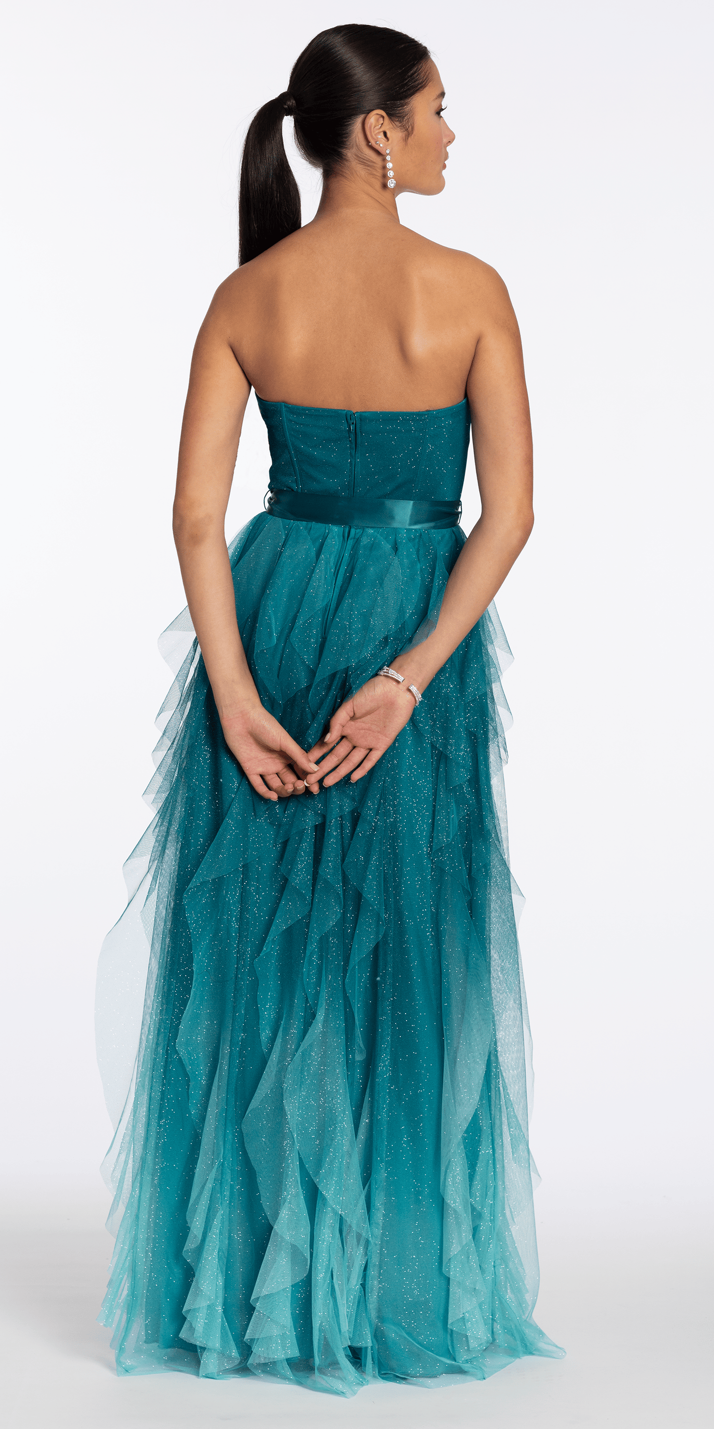 teal/ size/4/missy/Camille La Vie/Strapless Glitter Mesh Ombre A Line Dress with Tendrils /back