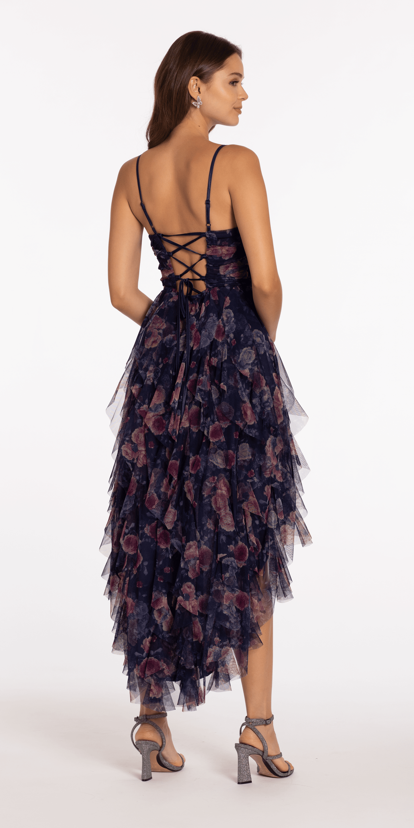 Pleated Print Mesh High Low Dress with Tendrils - Camille La Vie