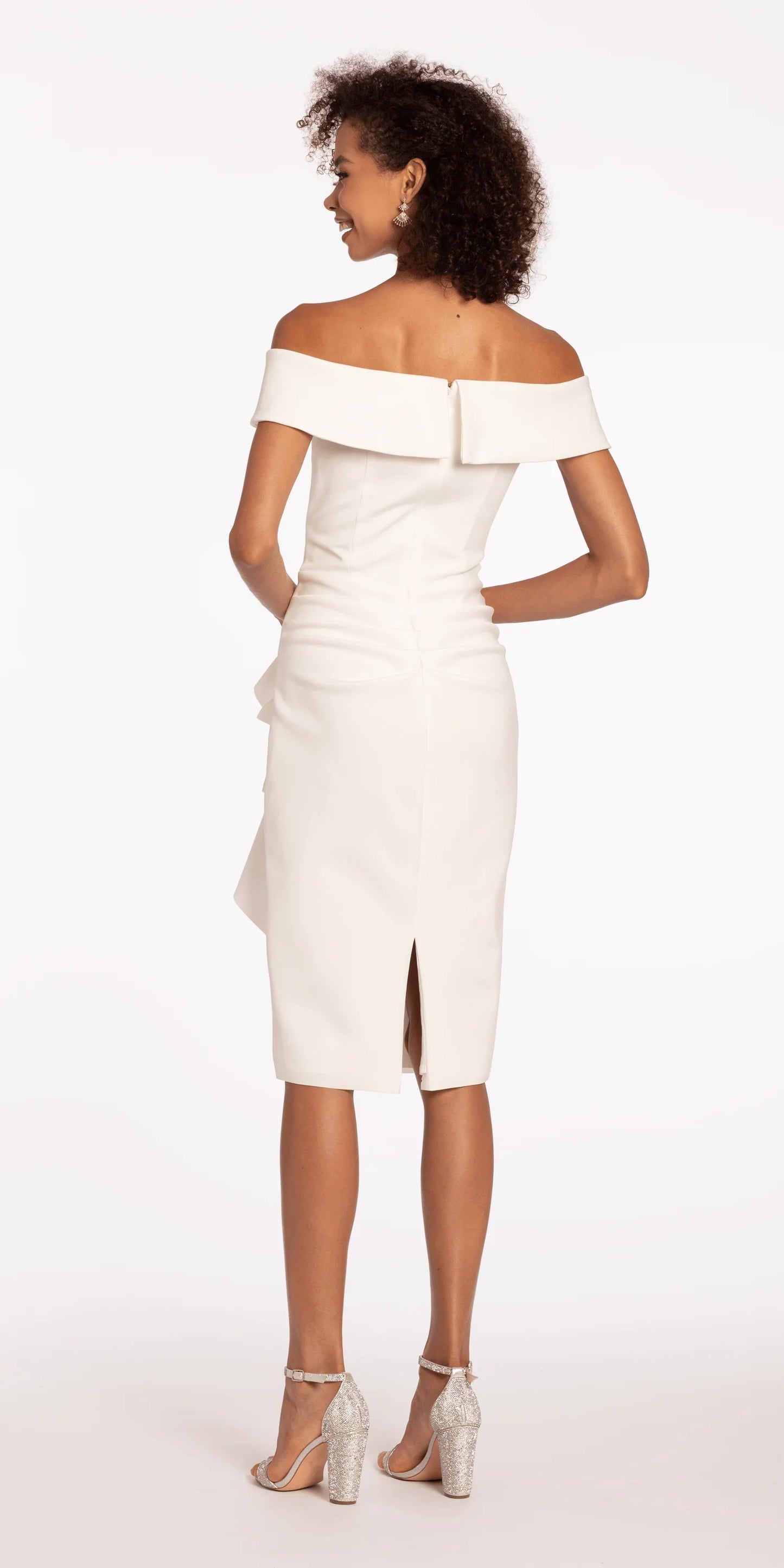ivory/size/4/missy/Camille La Vie/Off the Shoulder Scuba Dress with Side Cascade /back