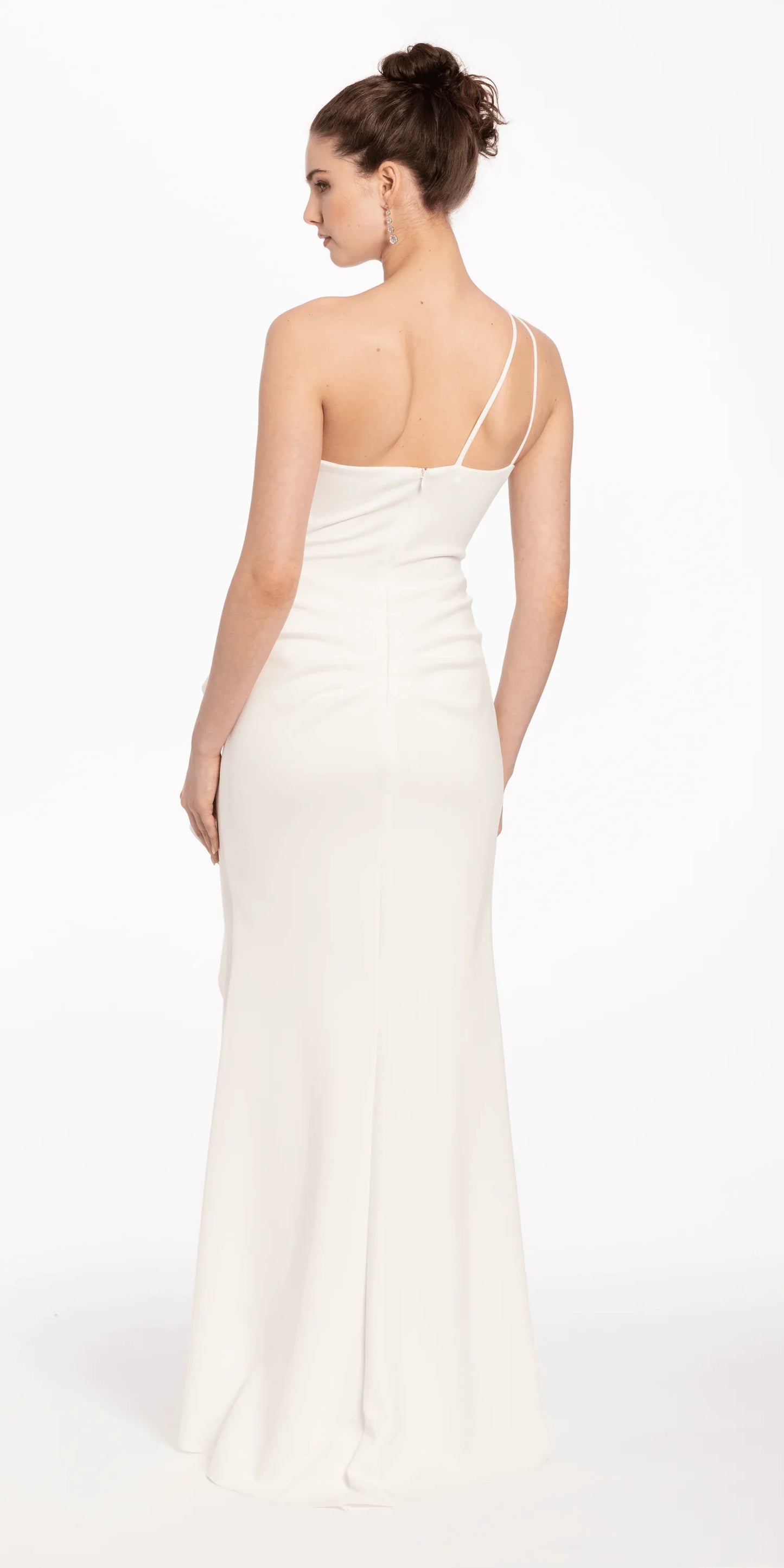 ivory/size/4/missy/Camille La Vie/Scuba One Shoulder Column Dress with Side Ruffle/back