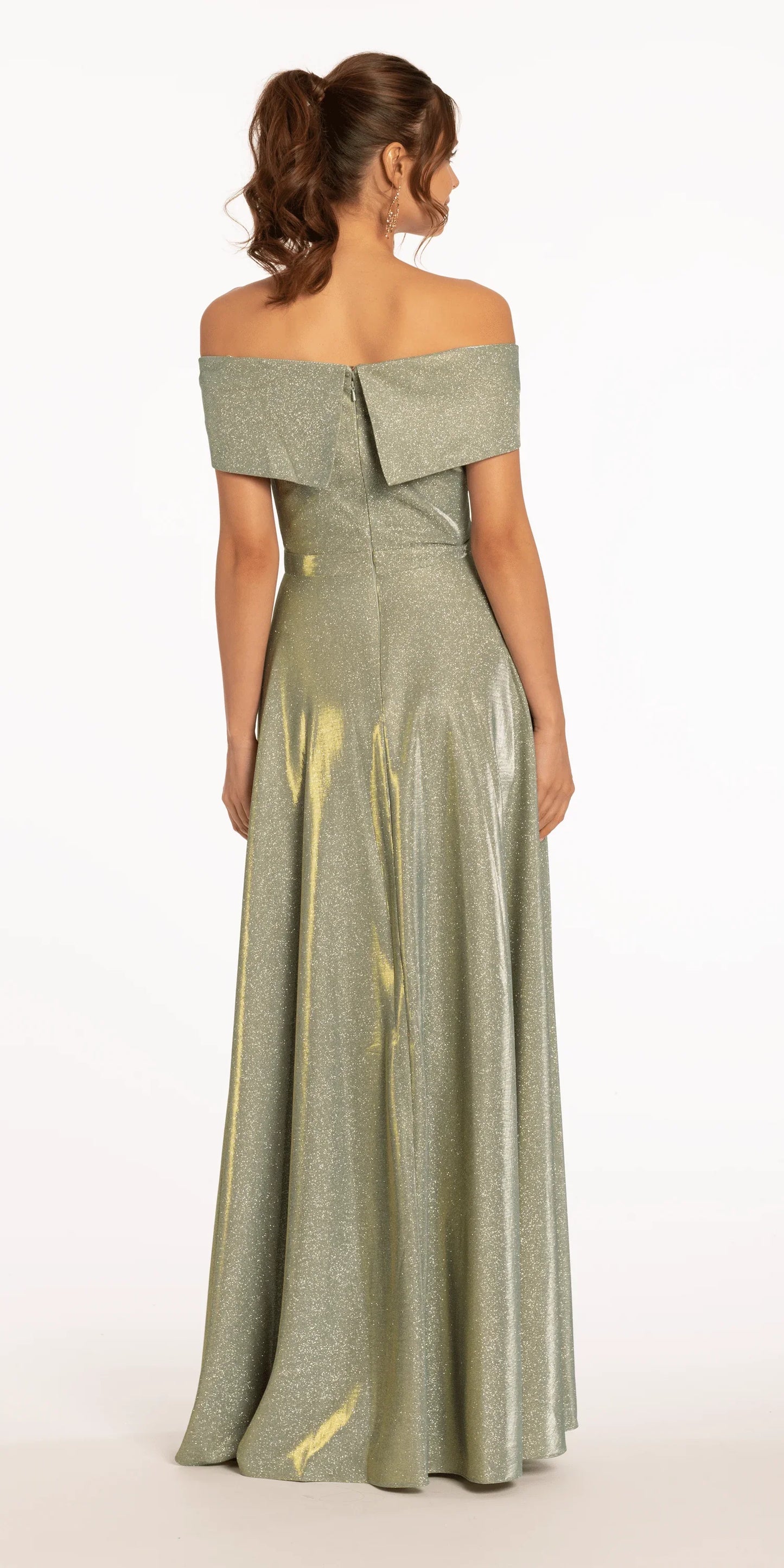 Two Tone Metallic Off the Shoulder Mock Wrap Dress - Camille La Vie