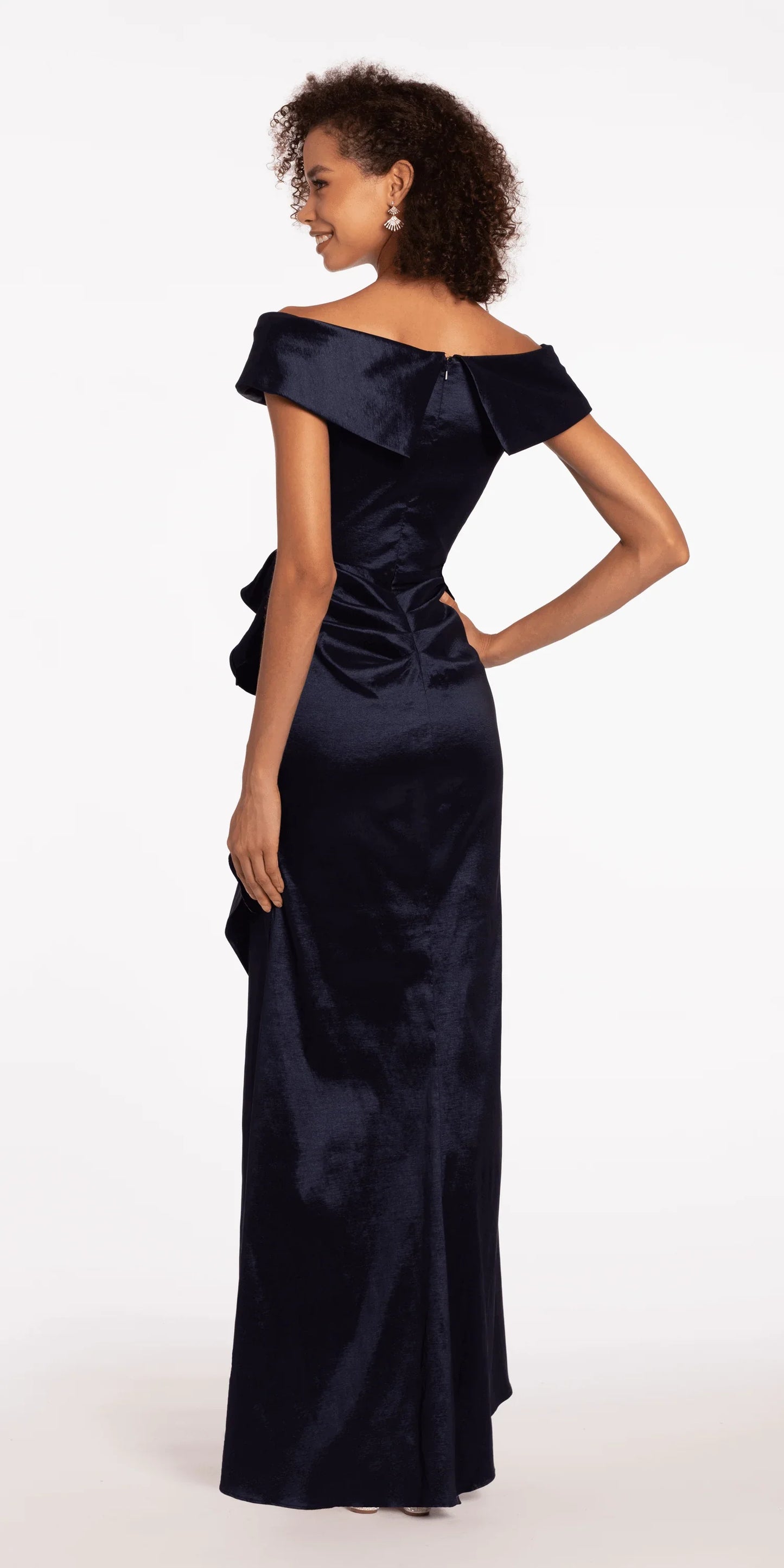Taffeta Cuff Off the Shoulder Column Dress with Side Slit - Camille La Vie