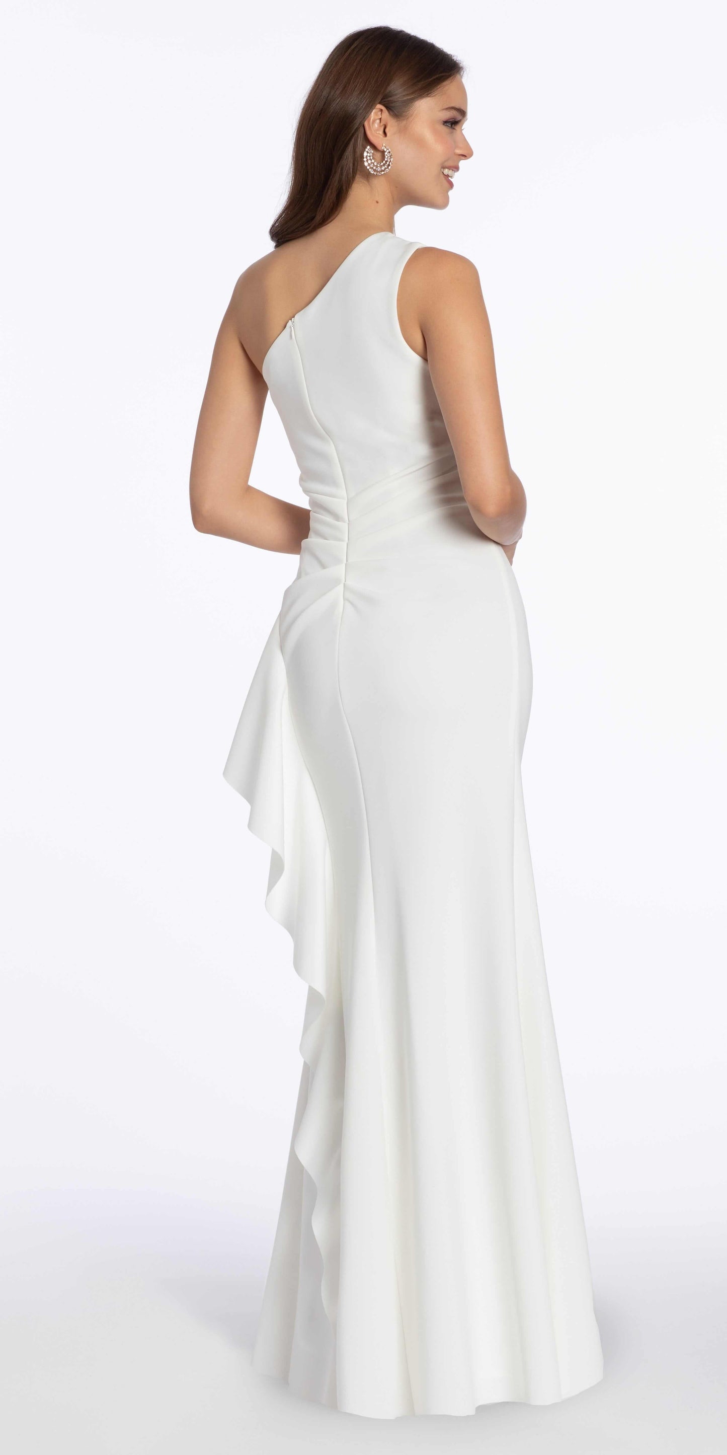ivory/size/4/missy/Camille La Vie/One Shoulder Scuba Trumpet Dress with Side Cascade/back