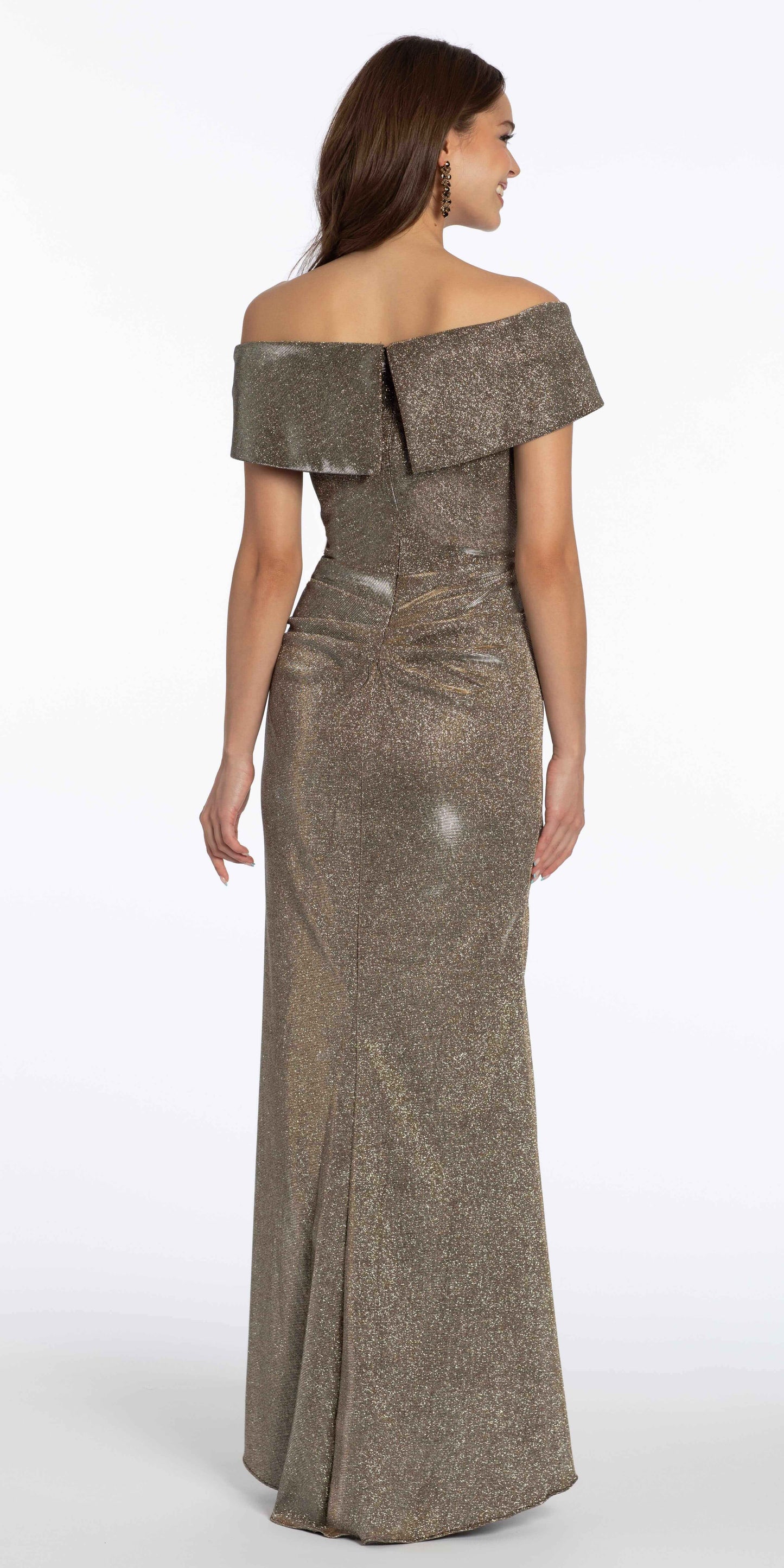 Metallic Off the Shoulder Column Dress with Side Drape - Camille La Vie