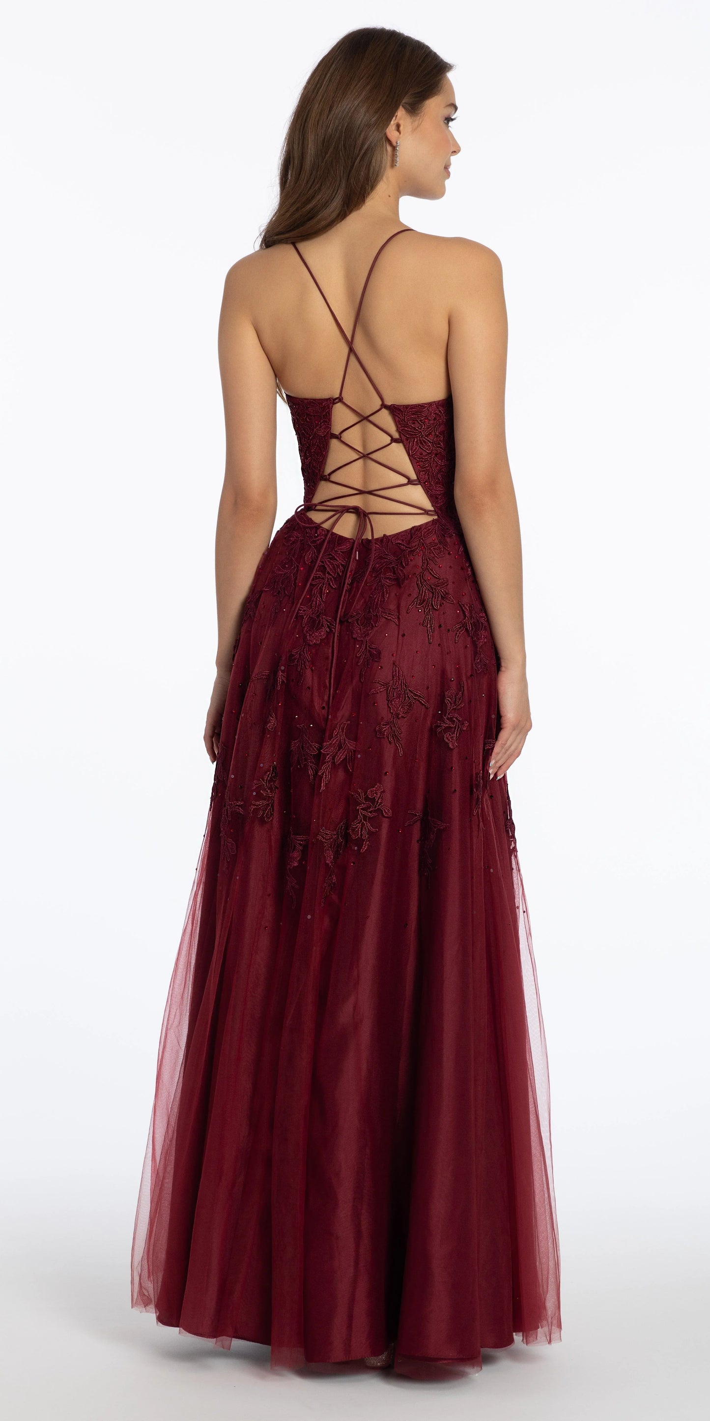wine/size/4/missy/Camille La Vie/Mesh Applique Plunging Lace Up A Line Dress/back