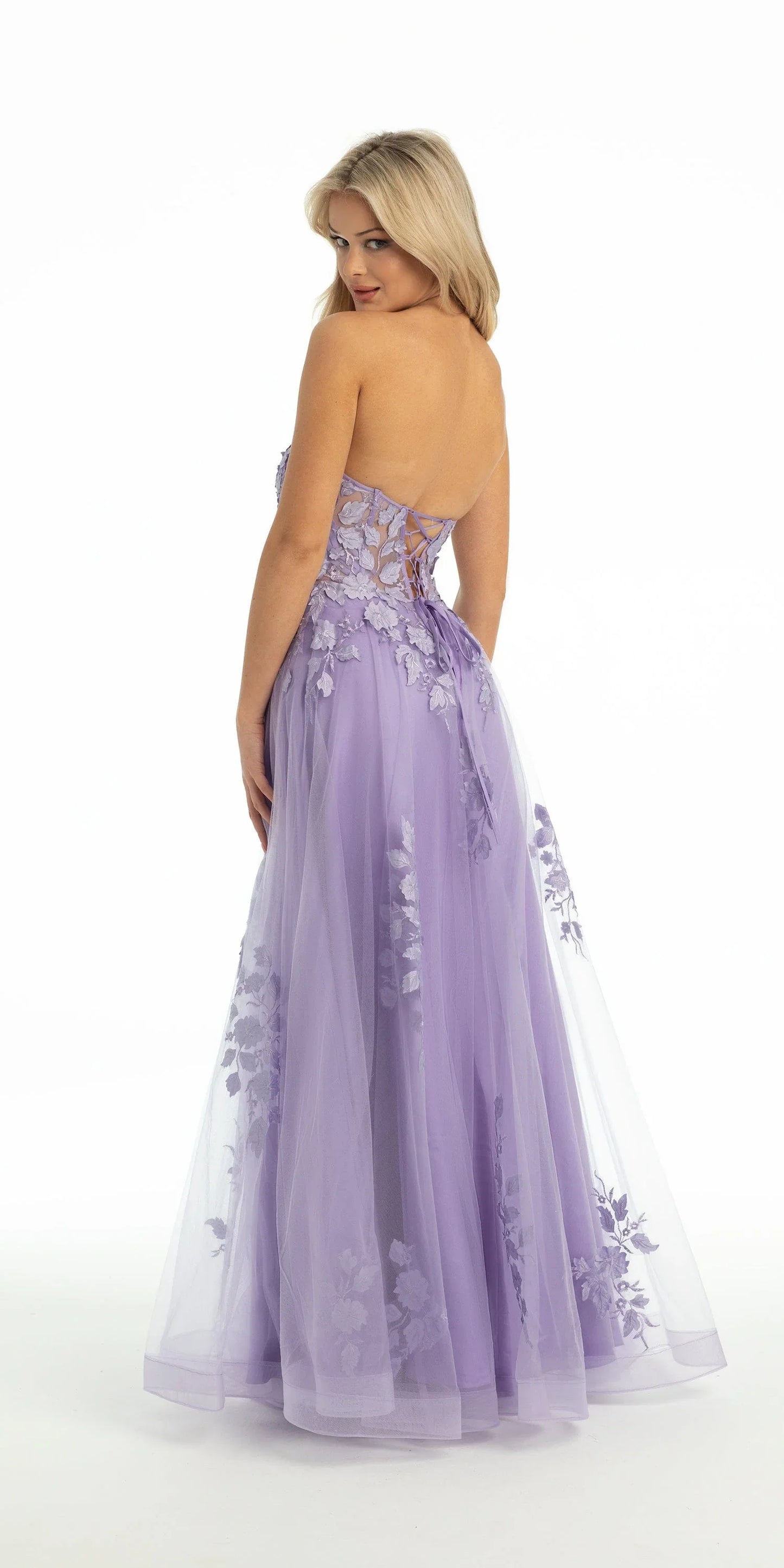 lilac/size/4/missy/Camille La Vie/Floral Mesh Applique Corset A Line Dress/back