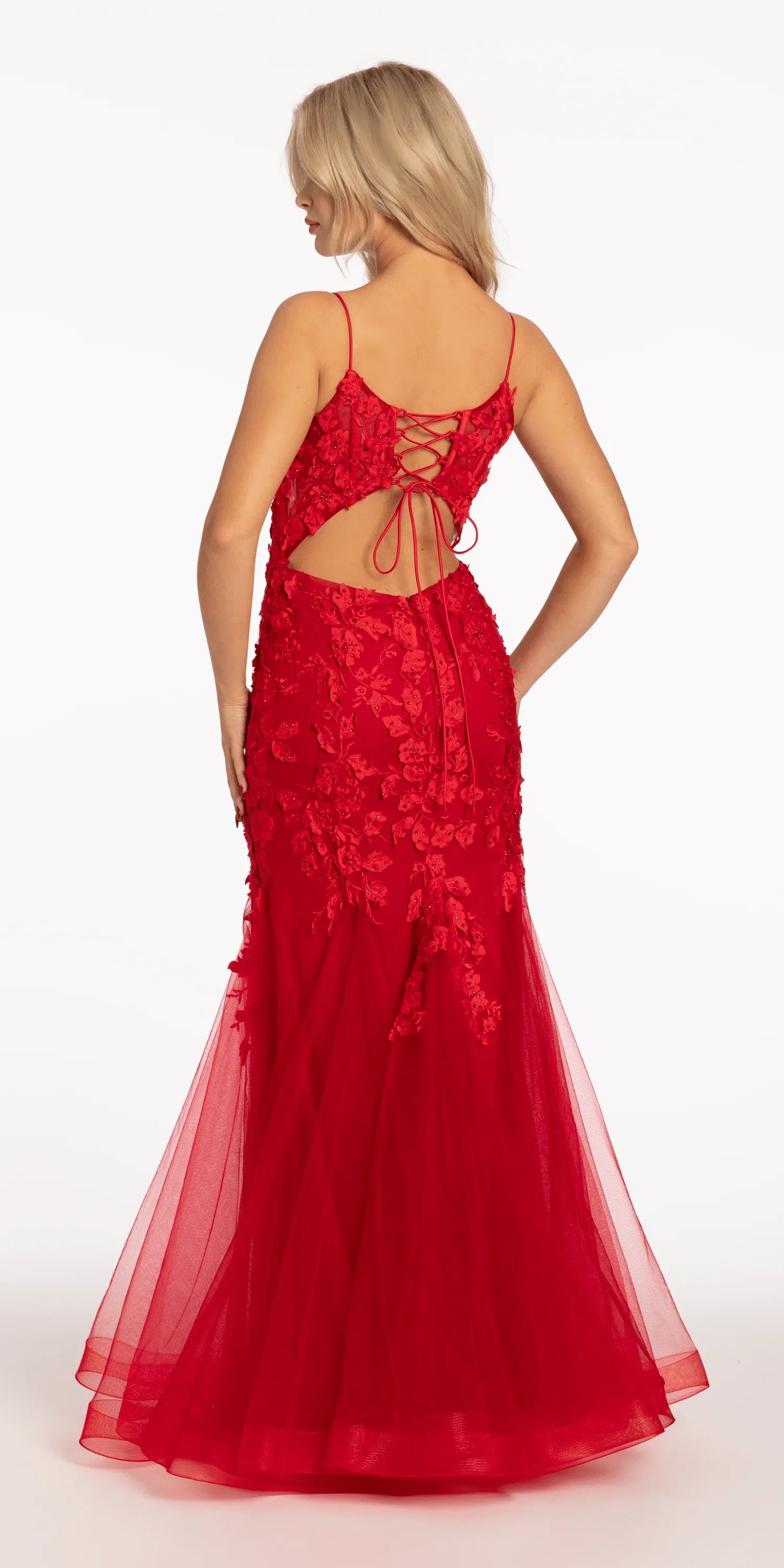 red/size/4/missy/Camille La Vie/Beaded Embroidered Mesh Lace Trumpet Dress with Godets/back