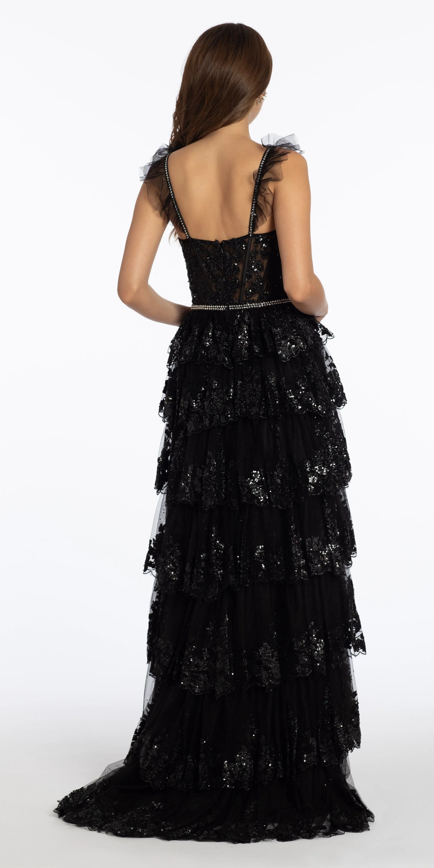 black/size/4/missy/Camille La Vie/Glitter Mesh Corset Tiered Ballgown with Sequin and Ruffle Detail/back
