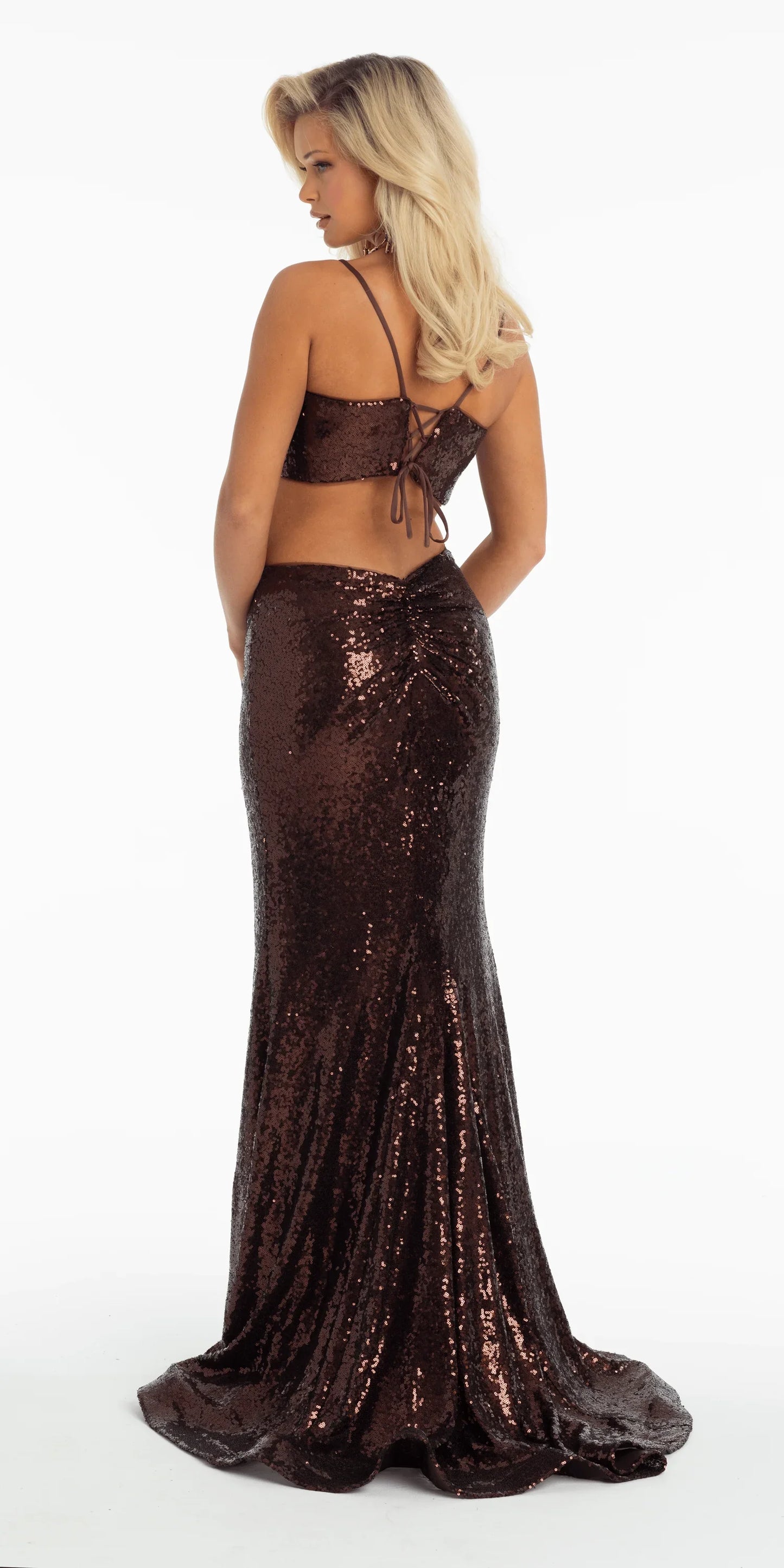 chocolate/size/4/missy/Camille La Vie/Sequin Bikini Top Lace Up Back Trumpet Dress with Sweep Train/back