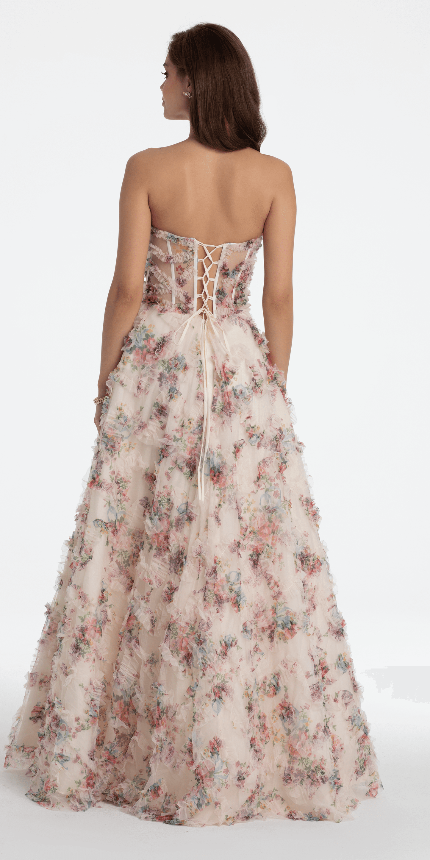 Strapless Ruffle Floral Print Ballgown - Camille La Vie