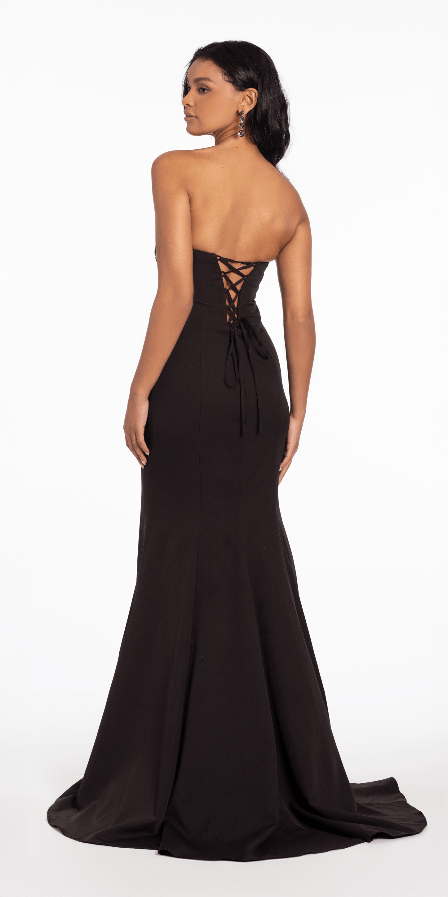 Lace Up Back Strapless Scuba Trumpet Dress with Rhinestone Detail - Camille La Vie
