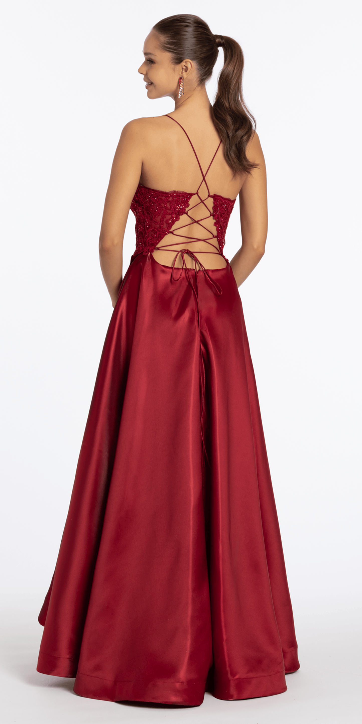 Embroidered Lace Plunge Satin Corset Ballgown with Pockets - Camille La Vie