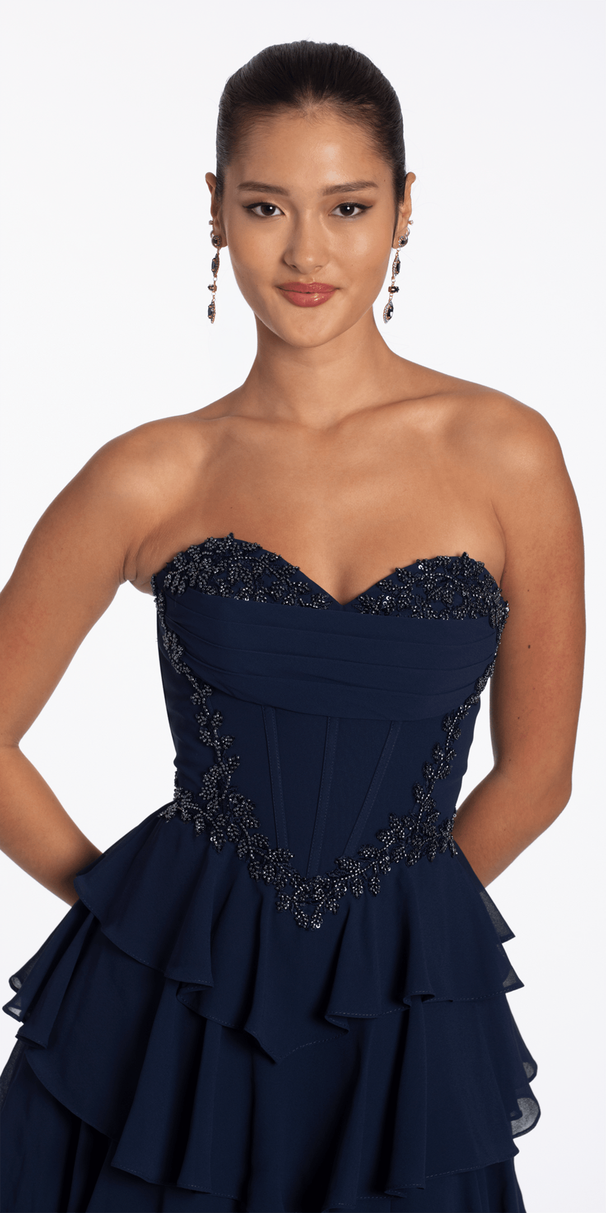 Camille La Vie Strapless Beaded Chiffon Corset Tiered Ballgown