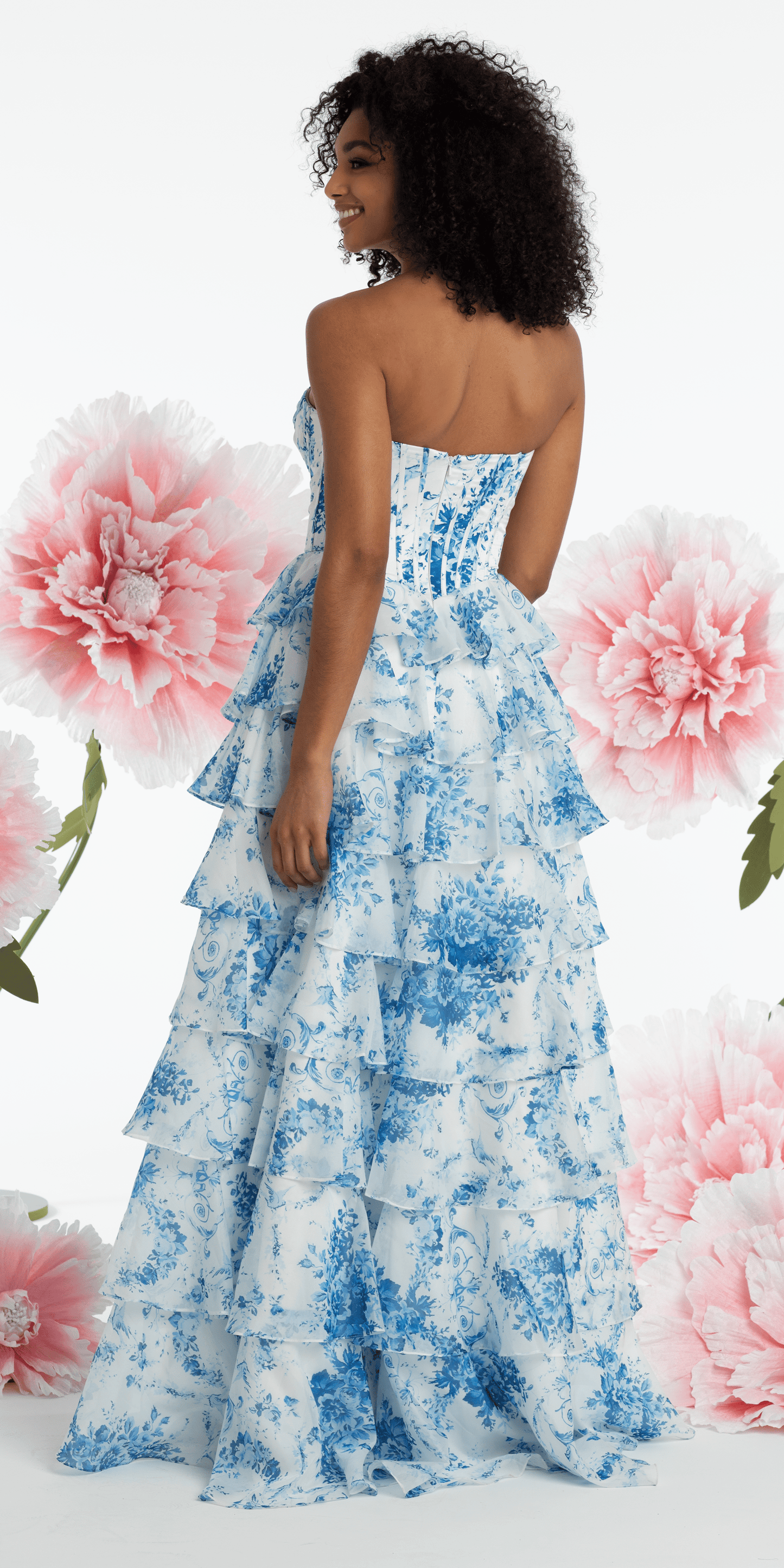 Chiffon Floral Print Corset Tiered Ballgown - Camille La Vie