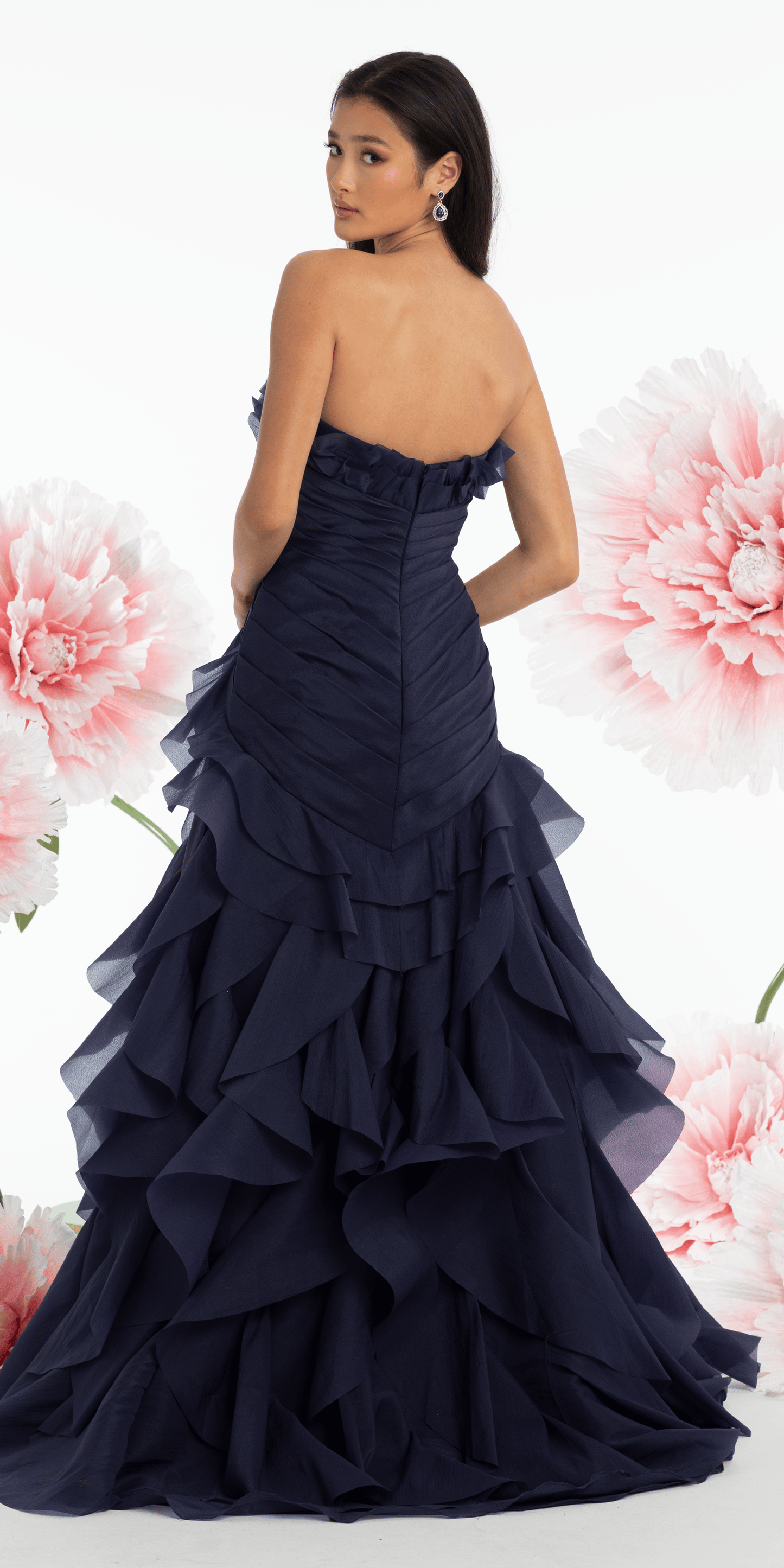 Strapless Crinkle Chiffon Pleated A Line Dress with Tendrils - Camille La Vie